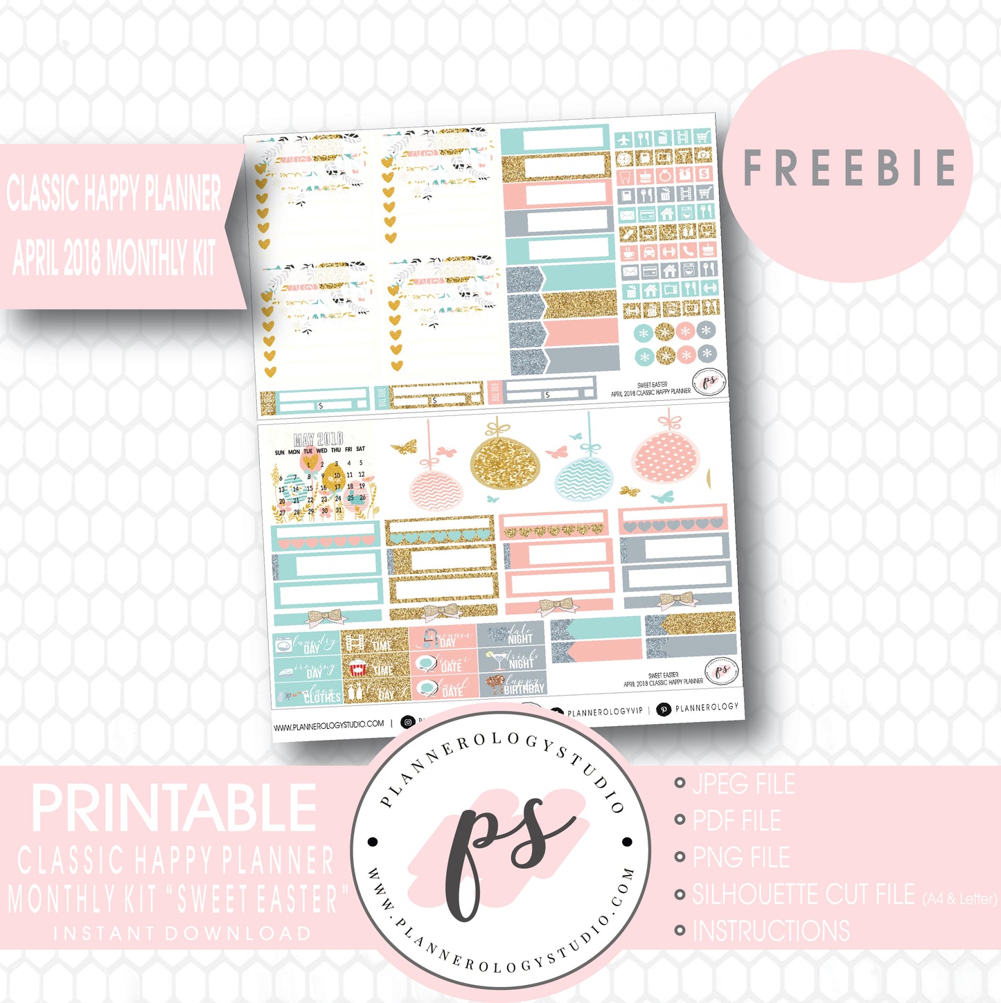 Sweet Easter Classic Happy Planner April 2018 Monthly Kit Digital Printable Planner Stickers (PDF/JPG/PNG/Silhouette Cut File Freebie) - Plannerologystudio