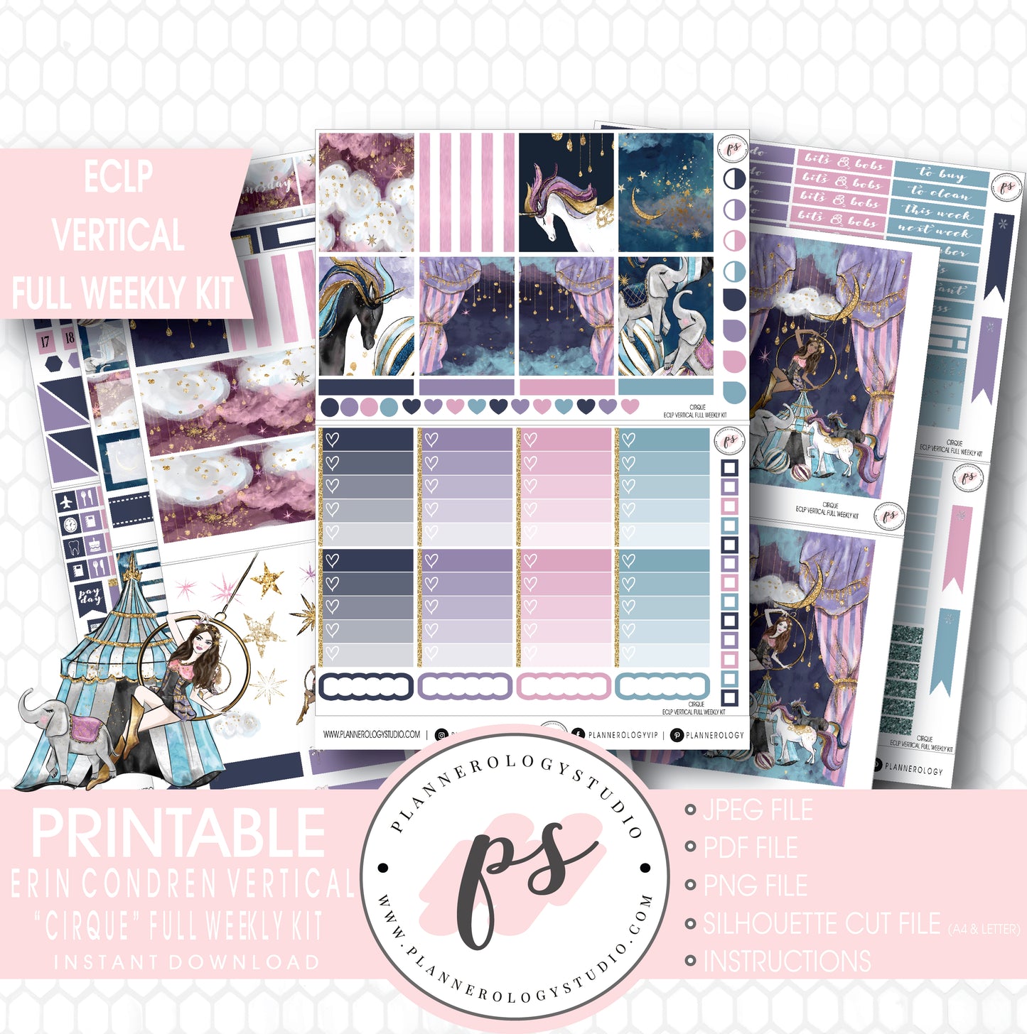 Cirque Full Weekly Kit Printable Planner Stickers (for use with ECLP Vertical) - Plannerologystudio