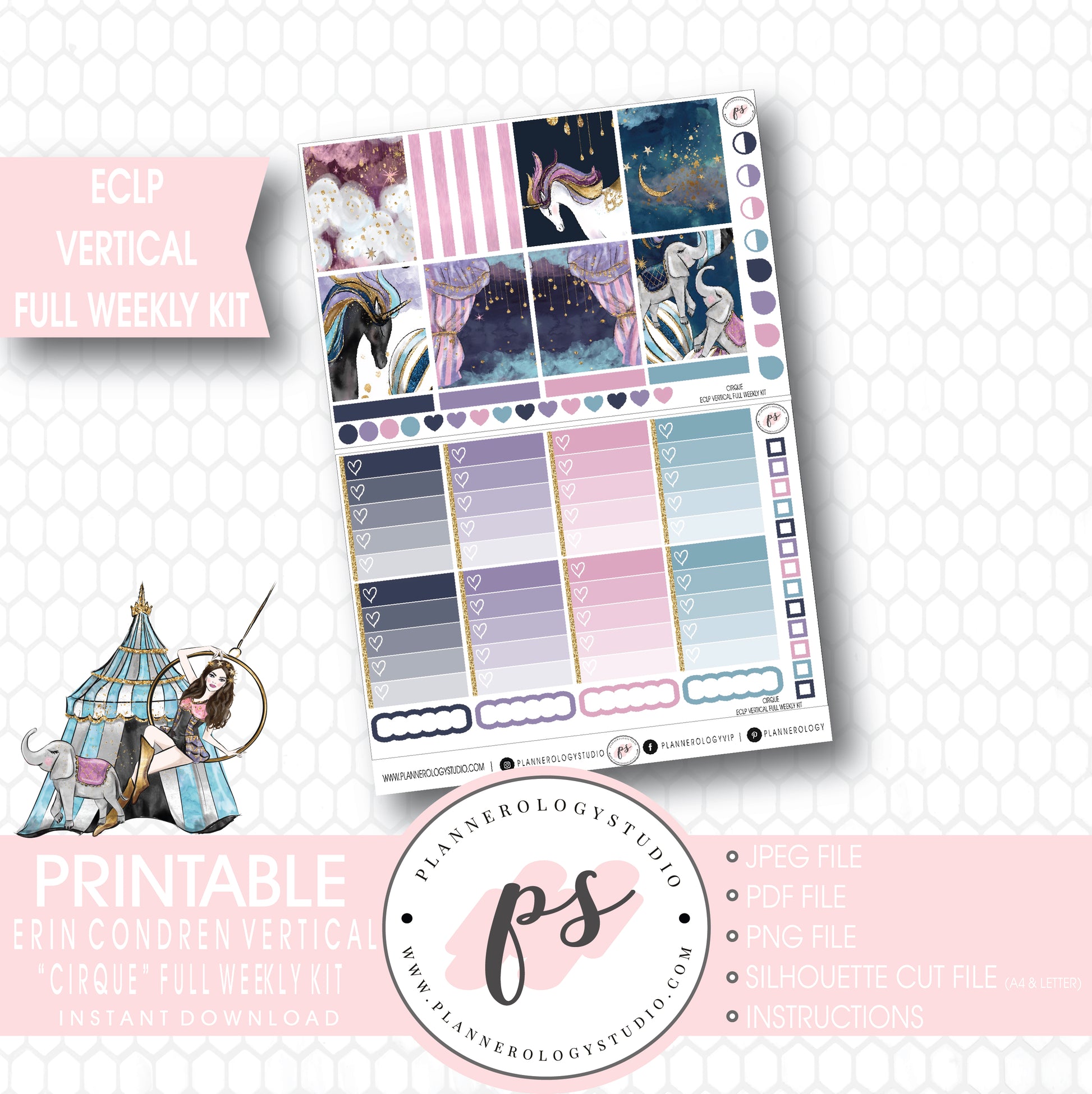 Cirque Full Weekly Kit Printable Planner Stickers (for use with ECLP Vertical) - Plannerologystudio