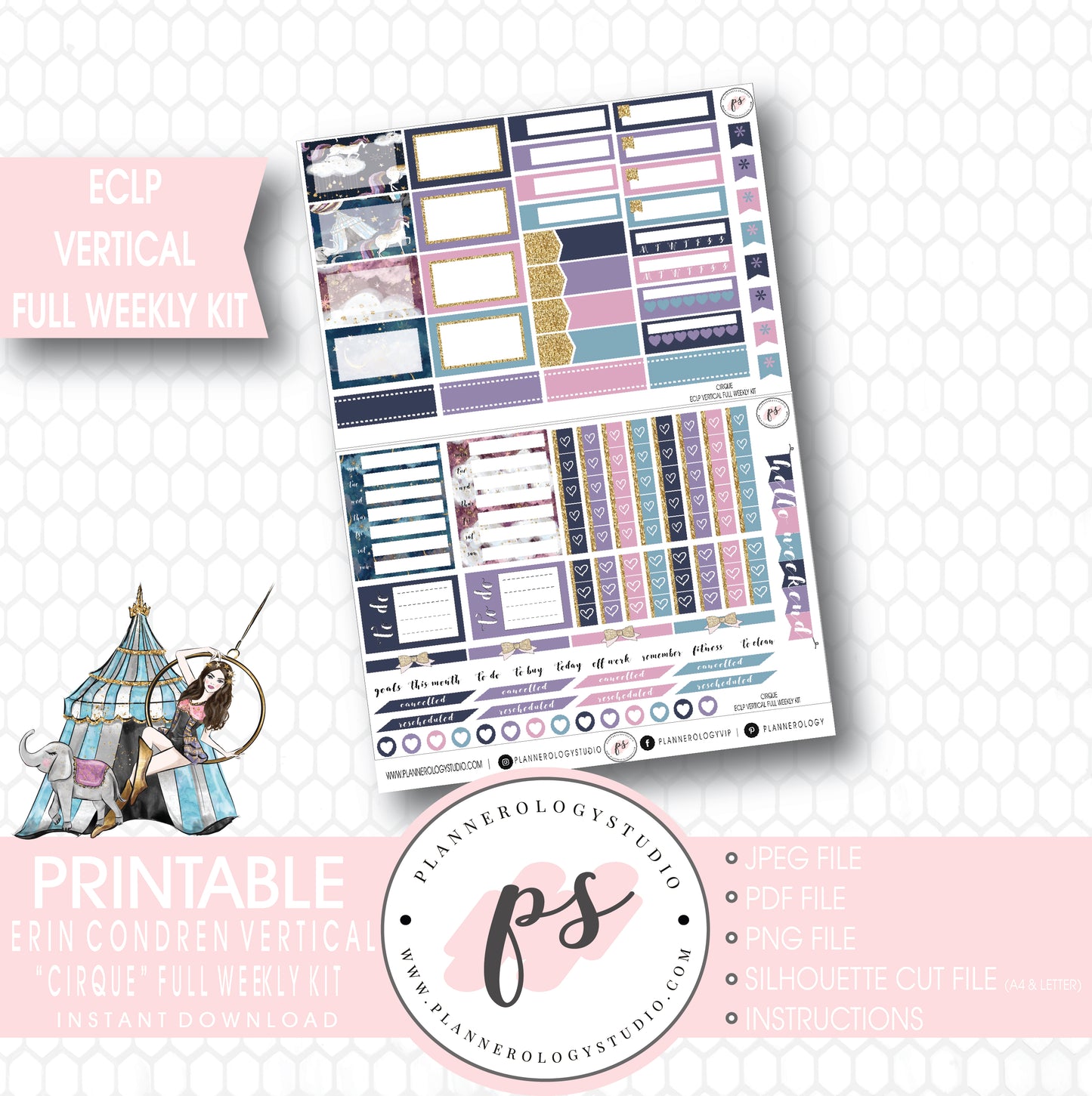 Cirque Full Weekly Kit Printable Planner Stickers (for use with ECLP Vertical) - Plannerologystudio