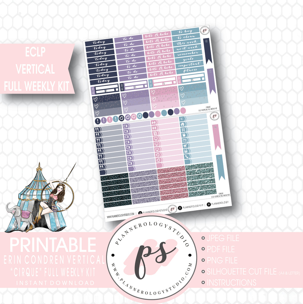 Cirque Full Weekly Kit Printable Planner Stickers (for use with ECLP Vertical) - Plannerologystudio