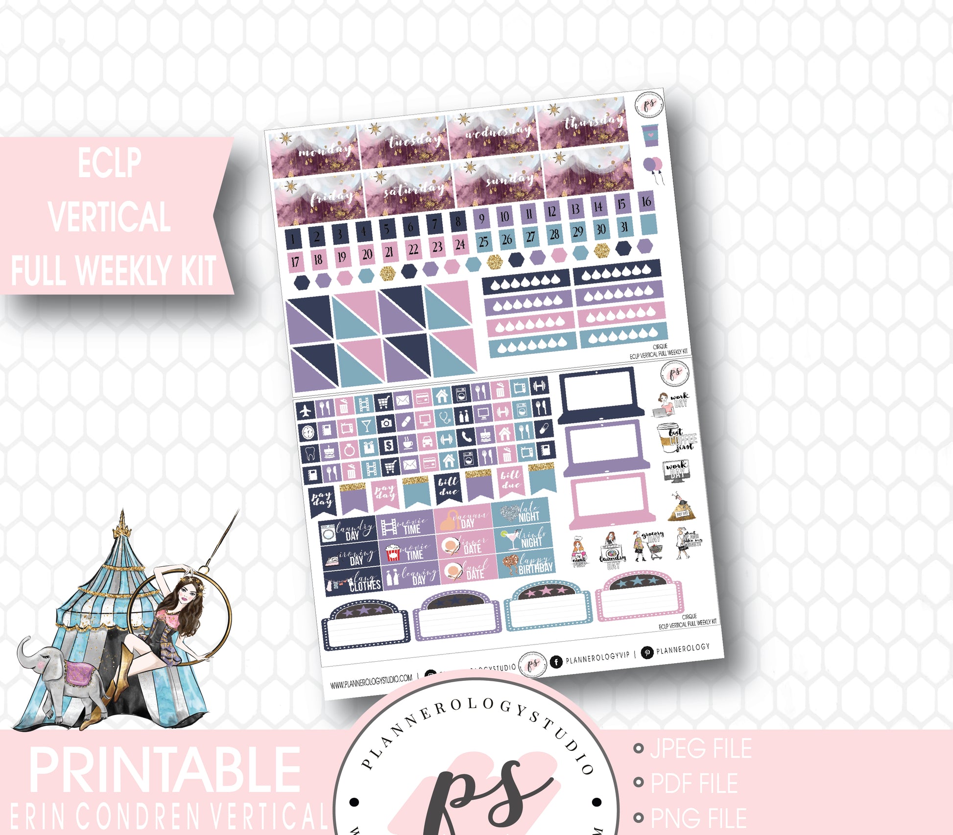 Cirque Full Weekly Kit Printable Planner Stickers (for use with ECLP Vertical) - Plannerologystudio