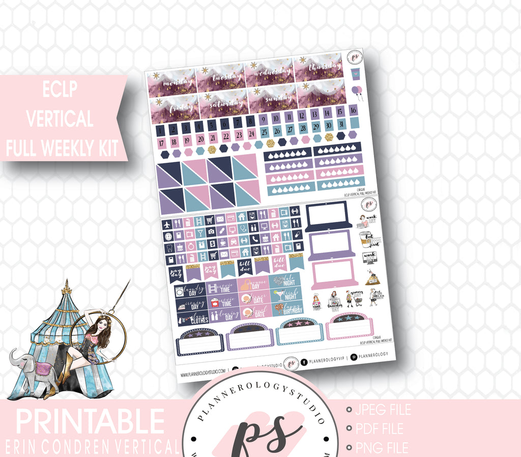 Cirque Full Weekly Kit Printable Planner Stickers (for use with ECLP Vertical) - Plannerologystudio