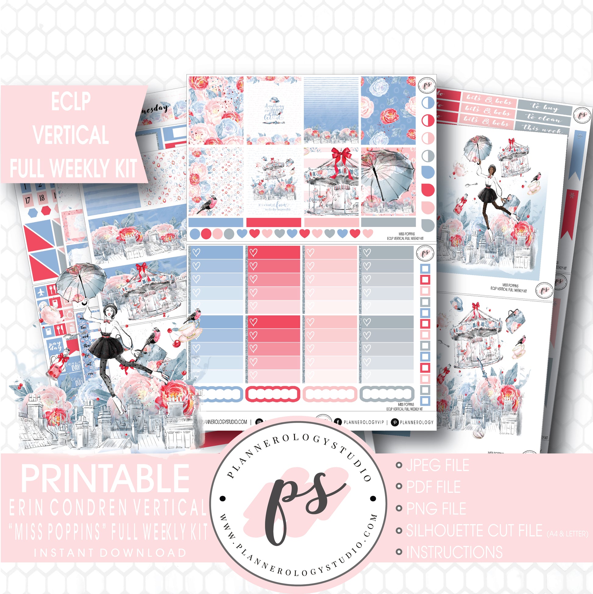 Miss Poppins (Mary Poppins) Full Weekly Kit Printable Planner Stickers (for use with ECLP Vertical) - Plannerologystudio