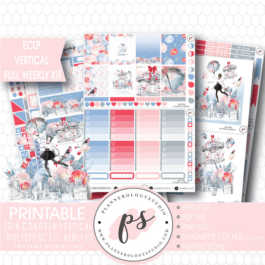 Miss Poppins (Mary Poppins) Full Weekly Kit Printable Planner Stickers (for use with ECLP Vertical) - Plannerologystudio