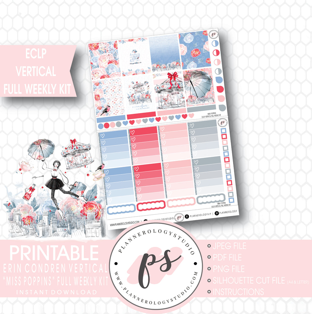 Miss Poppins (Mary Poppins) Full Weekly Kit Printable Planner Stickers (for use with ECLP Vertical) - Plannerologystudio