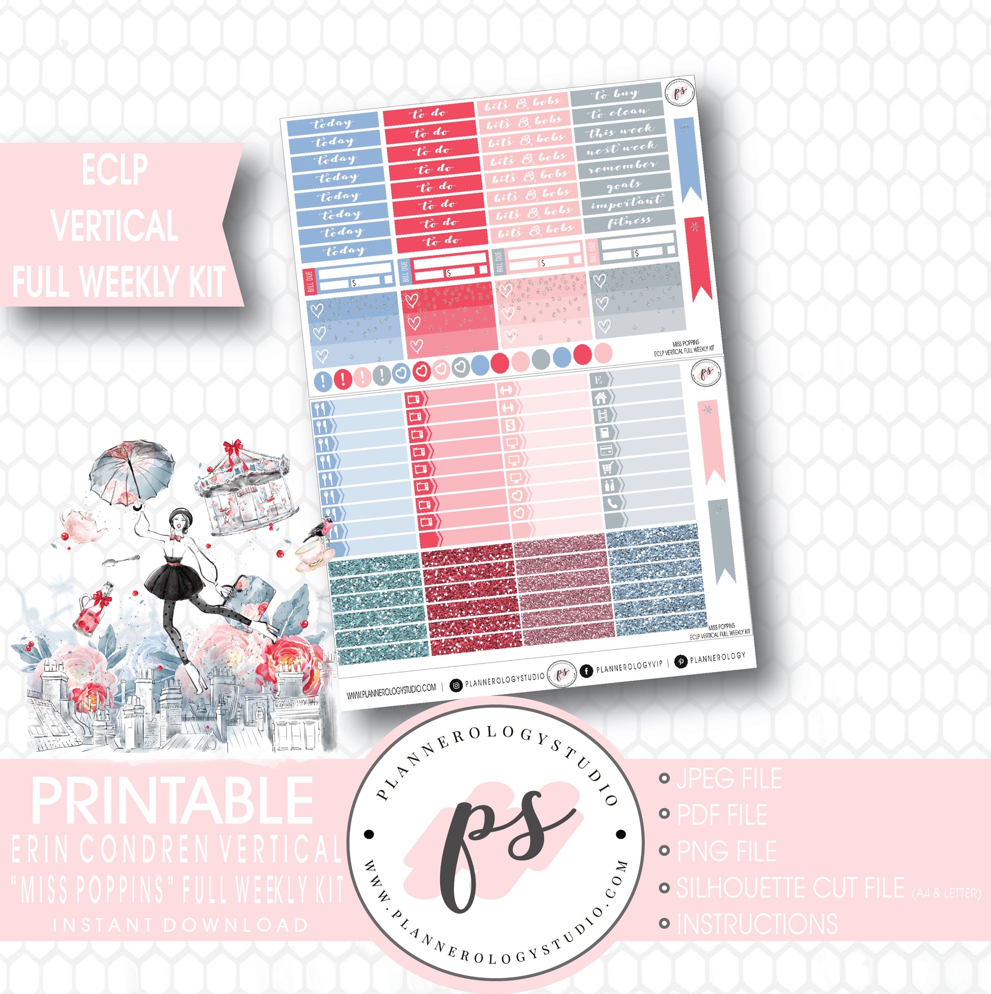 Miss Poppins (Mary Poppins) Full Weekly Kit Printable Planner Stickers (for use with ECLP Vertical) - Plannerologystudio