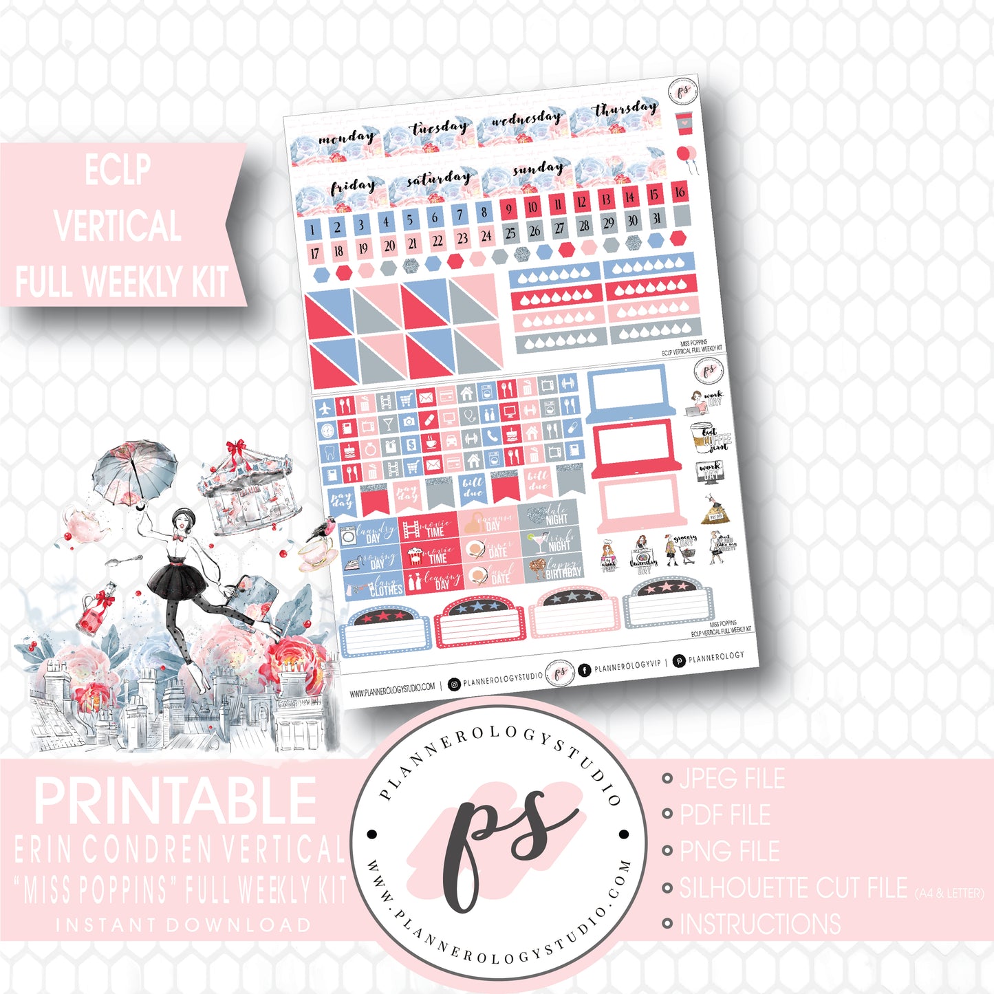 Miss Poppins (Mary Poppins) Full Weekly Kit Printable Planner Stickers (for use with ECLP Vertical) - Plannerologystudio