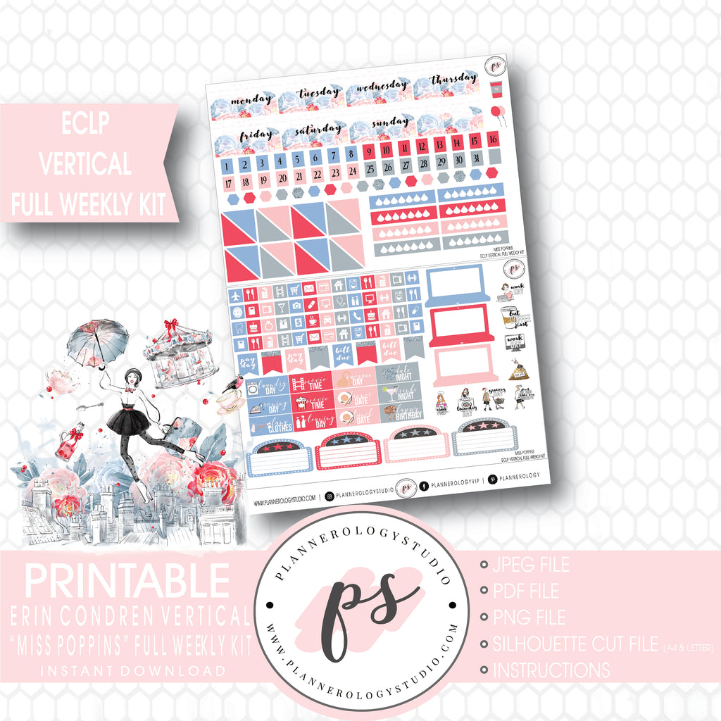 Miss Poppins (Mary Poppins) Full Weekly Kit Printable Planner Stickers (for use with ECLP Vertical) - Plannerologystudio