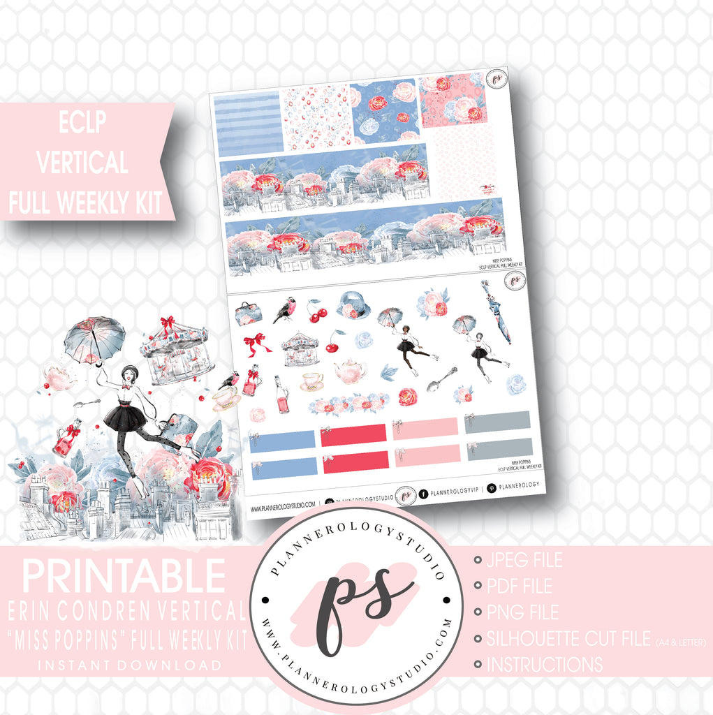 Miss Poppins (Mary Poppins) Full Weekly Kit Printable Planner Stickers (for use with ECLP Vertical) - Plannerologystudio