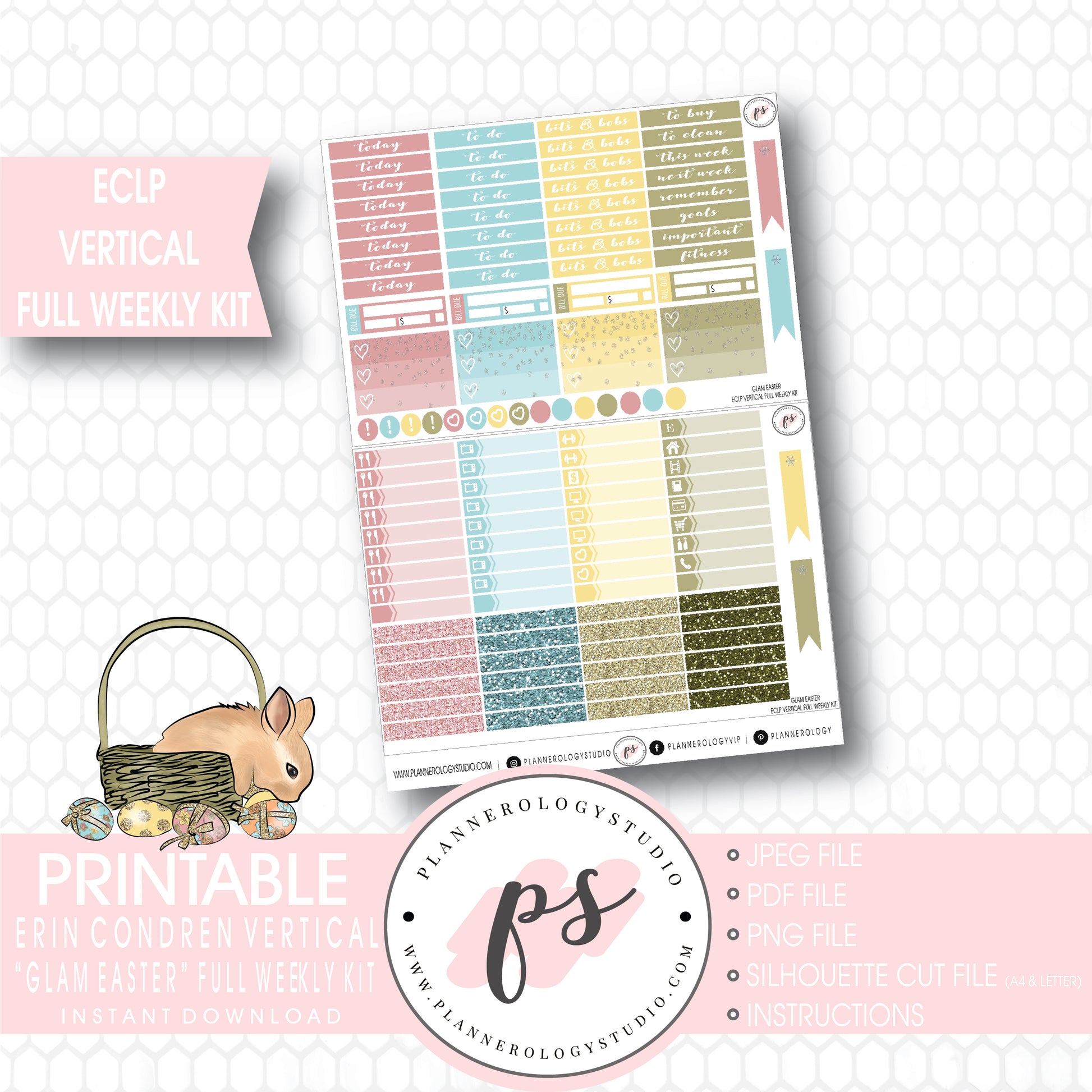 Glam Easter Full Weekly Kit Printable Planner Stickers (for use with ECLP Vertical) - Plannerologystudio