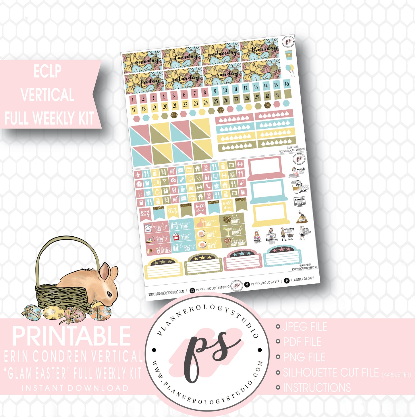 Glam Easter Full Weekly Kit Printable Planner Stickers (for use with ECLP Vertical) - Plannerologystudio