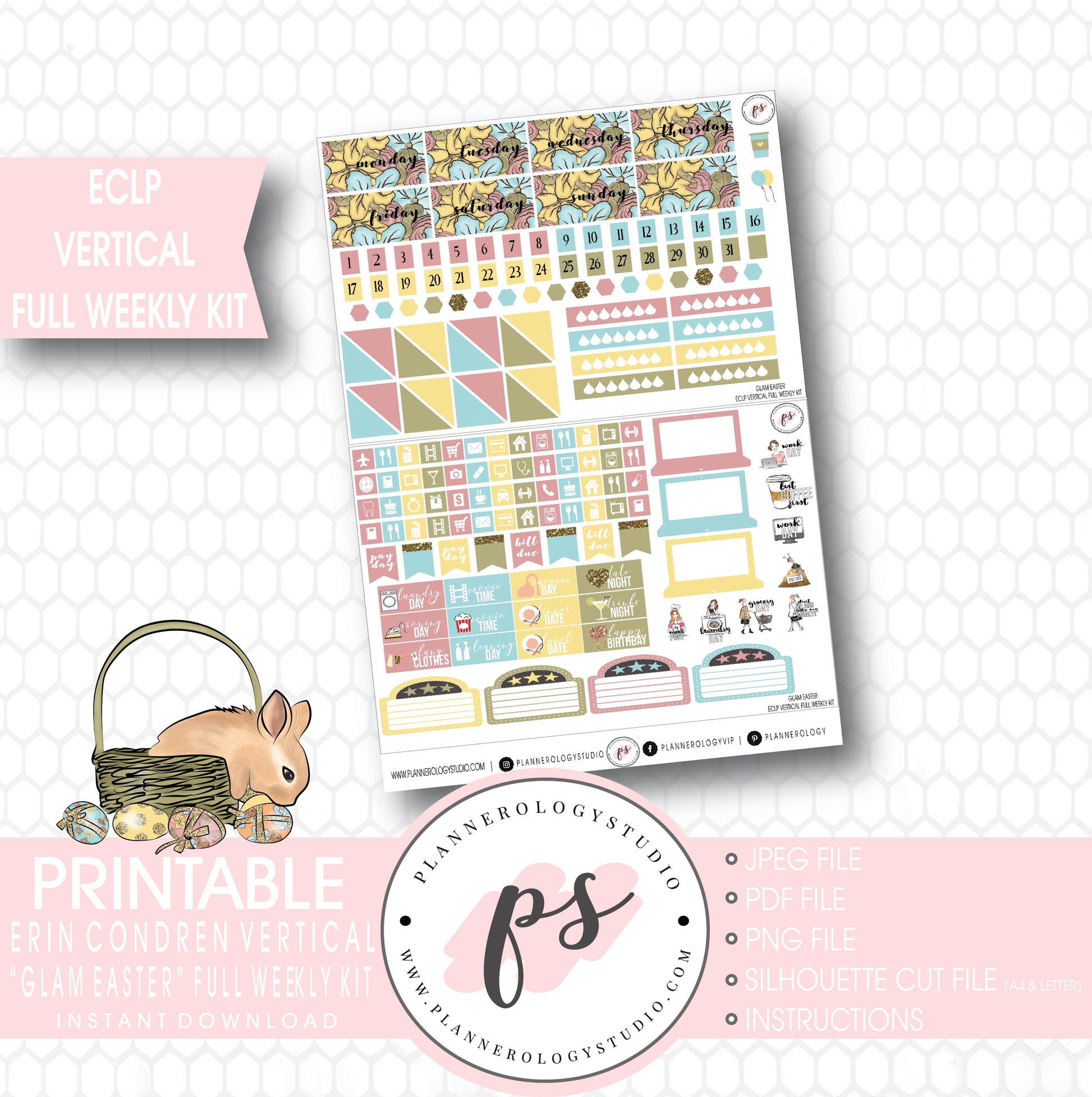 Glam Easter Full Weekly Kit Printable Planner Stickers (for use with ECLP Vertical) - Plannerologystudio