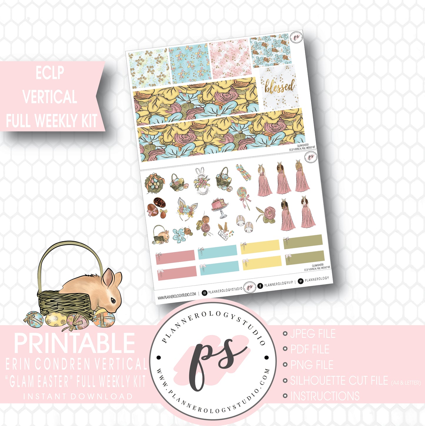 Glam Easter Full Weekly Kit Printable Planner Stickers (for use with ECLP Vertical) - Plannerologystudio
