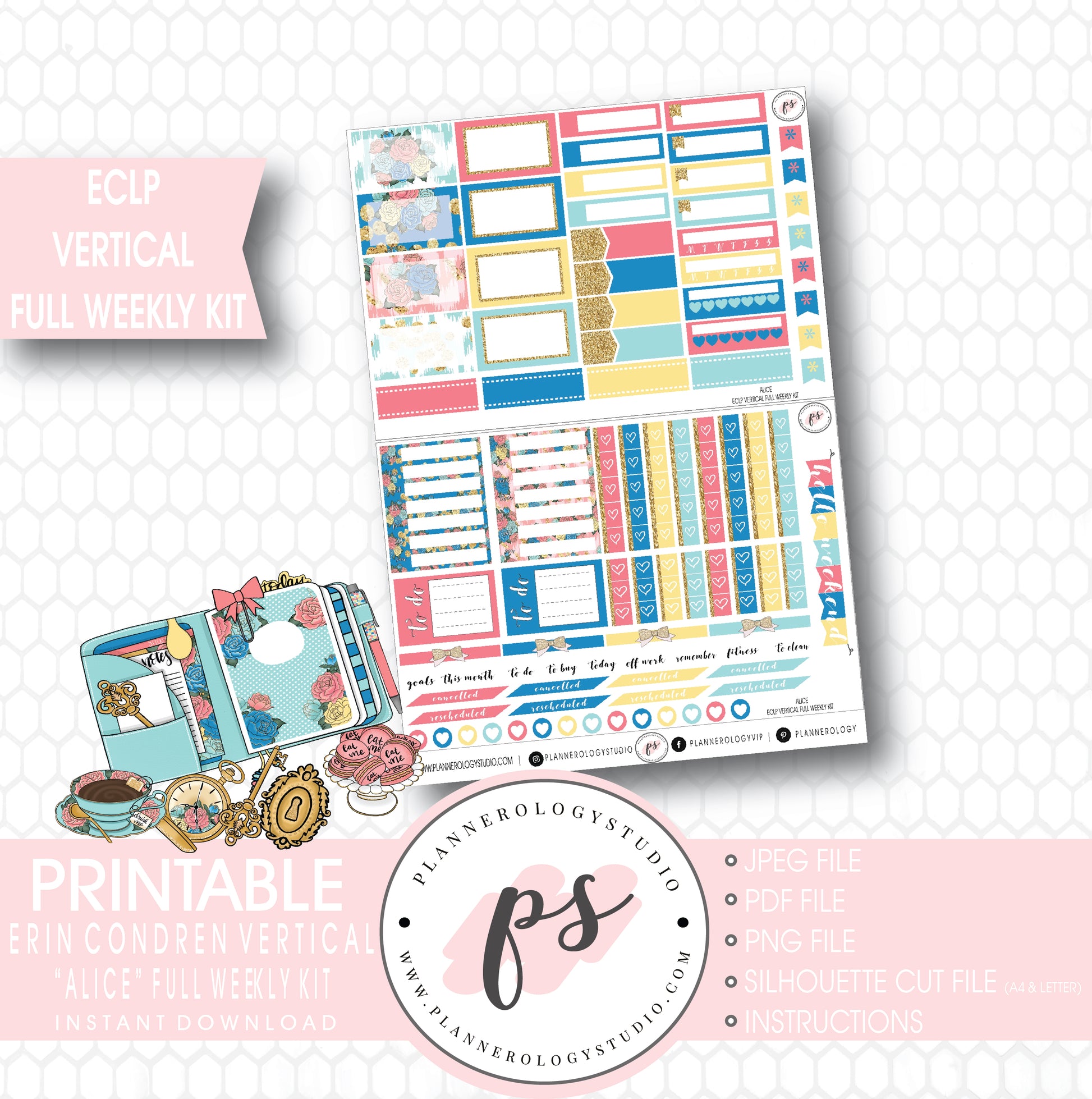 Alice Full Weekly Kit Printable Planner Stickers (for use with ECLP Vertical) - Plannerologystudio
