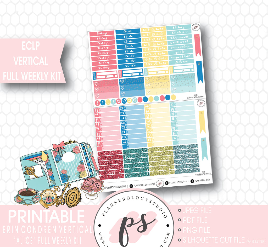 Alice Full Weekly Kit Printable Planner Stickers (for use with ECLP Vertical) - Plannerologystudio