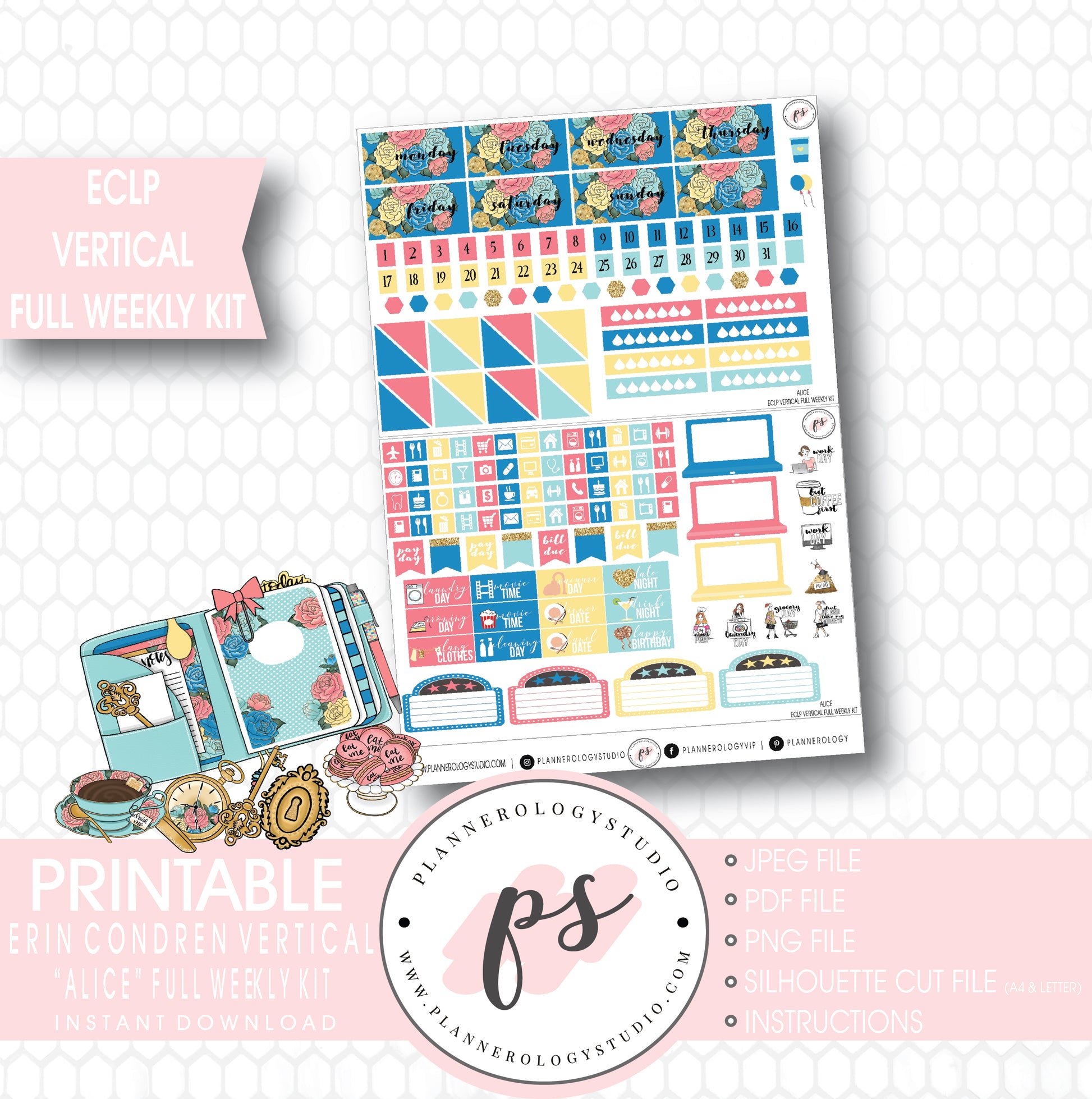 Alice Full Weekly Kit Printable Planner Stickers (for use with ECLP Vertical) - Plannerologystudio