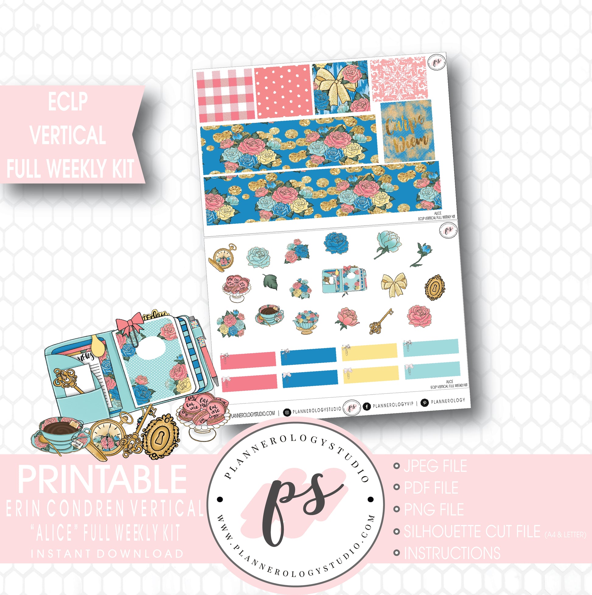 Alice Full Weekly Kit Printable Planner Stickers (for use with ECLP Vertical) - Plannerologystudio
