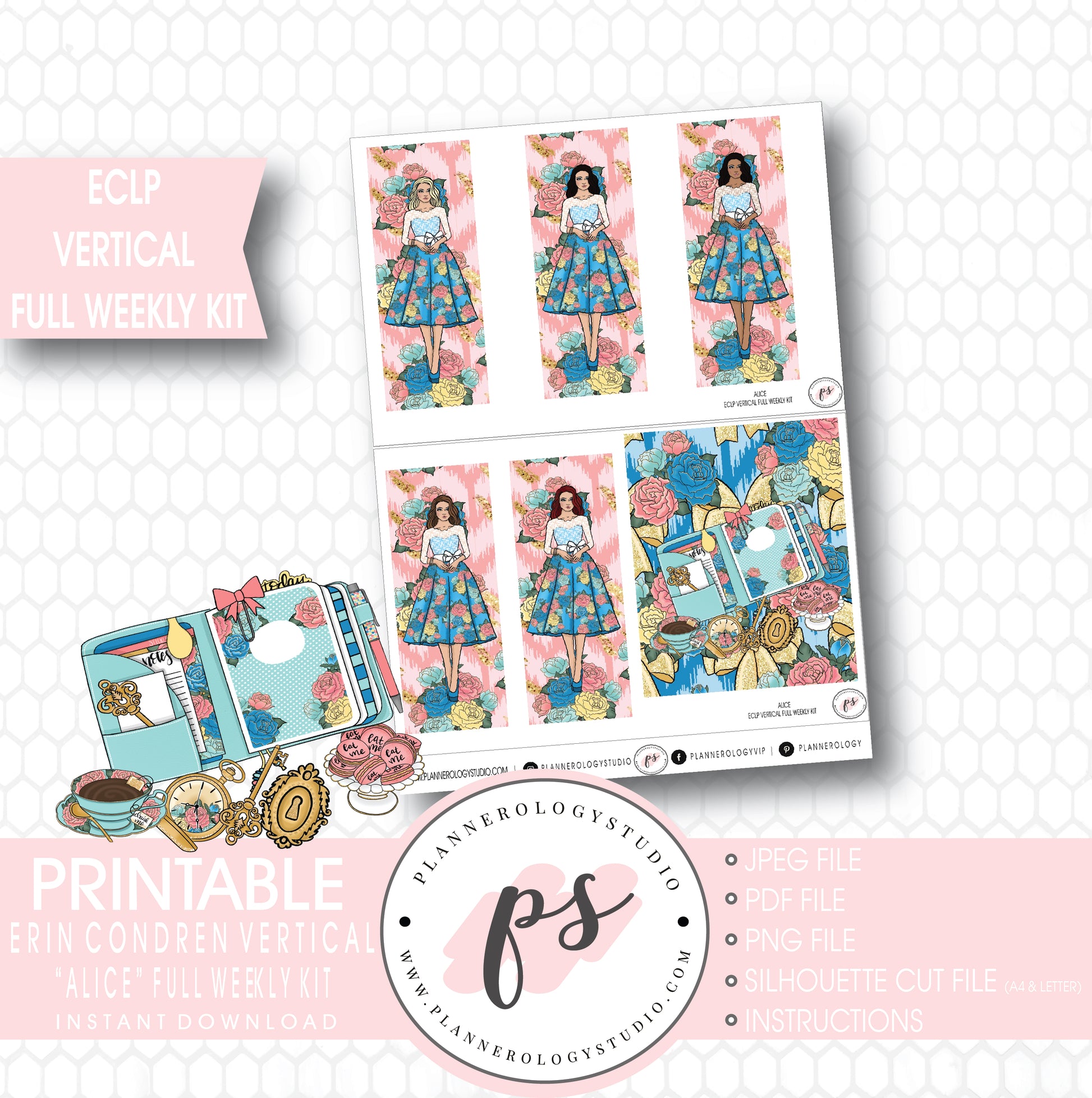 Alice Full Weekly Kit Printable Planner Stickers (for use with ECLP Vertical) - Plannerologystudio