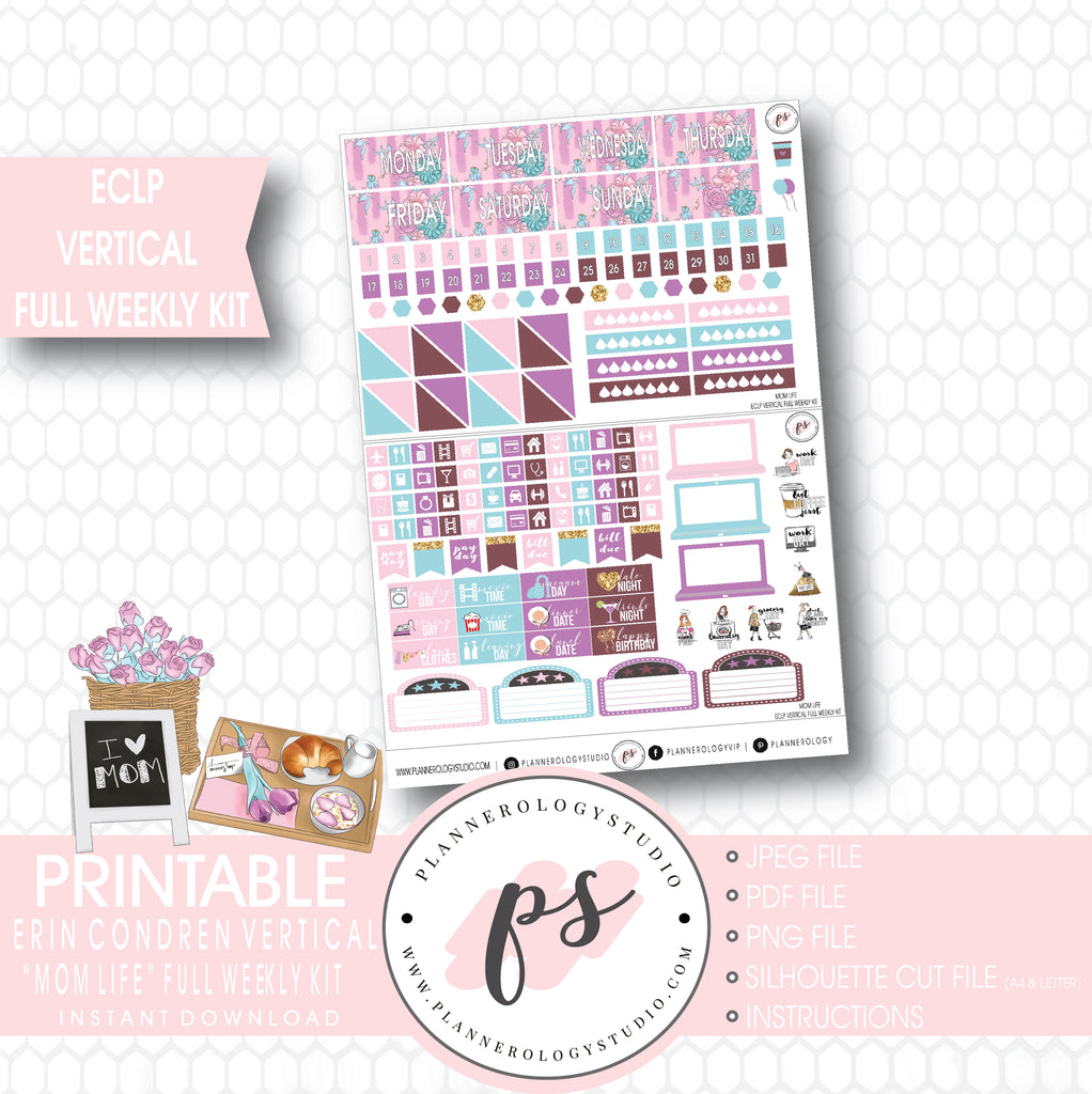 Mom Life (Mother's Day) Full Weekly Kit Printable Planner Stickers (for use with ECLP Vertical) - Plannerologystudio