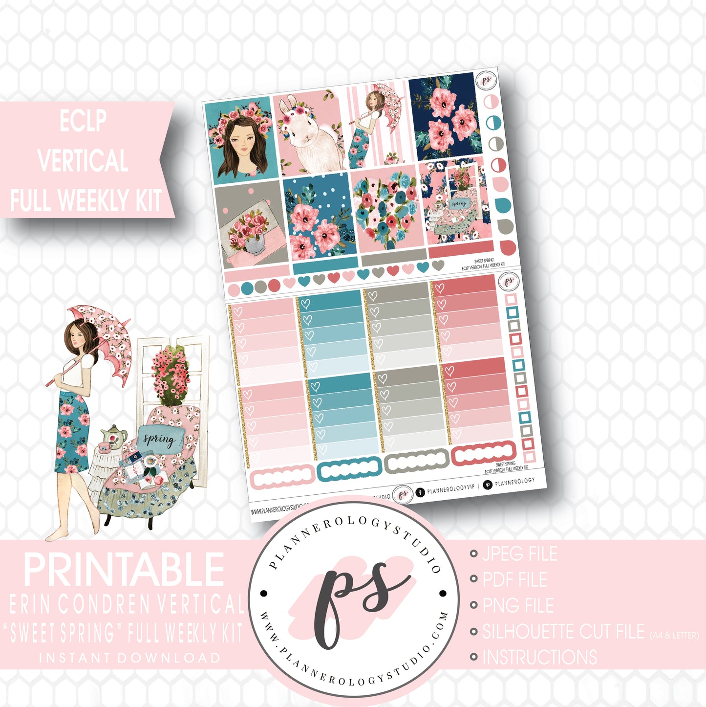 Sweet Spring Full Weekly Kit Printable Planner Stickers (for use with ECLP Vertical) - Plannerologystudio