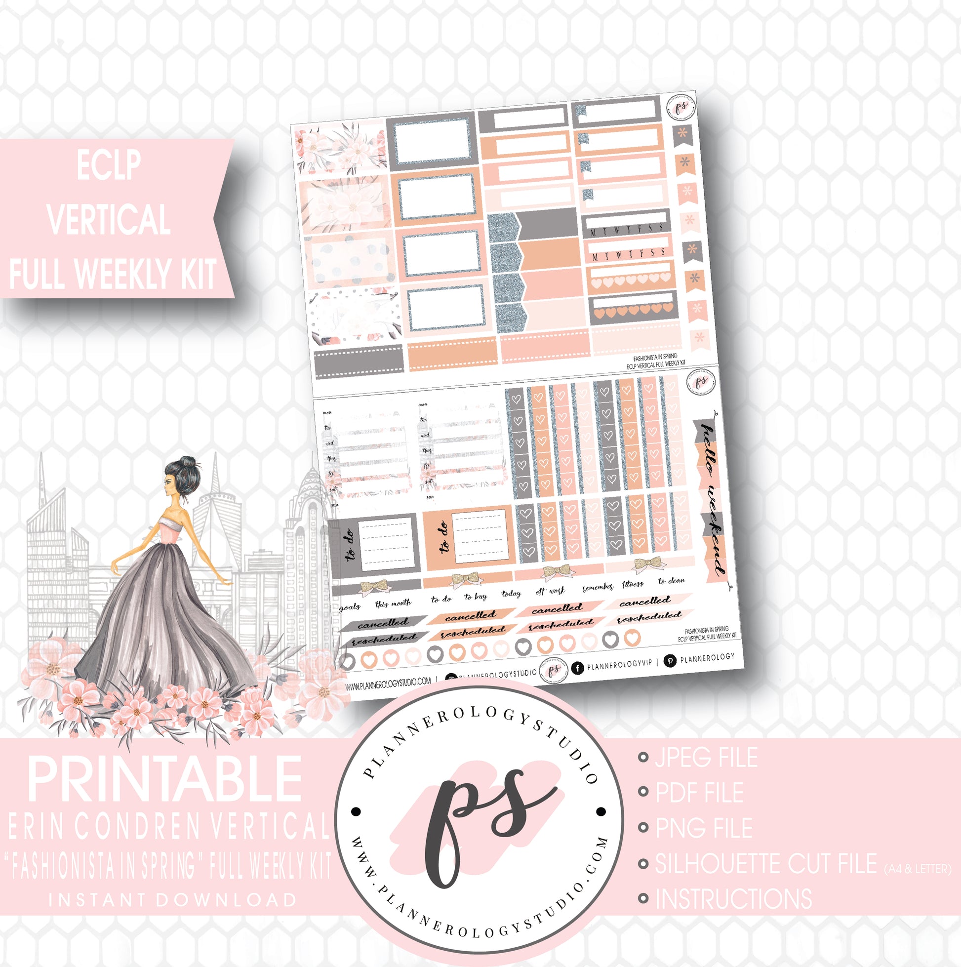 Fashionista in Spring Full Weekly Kit Printable Planner Stickers (for use with ECLP Vertical) - Plannerologystudio