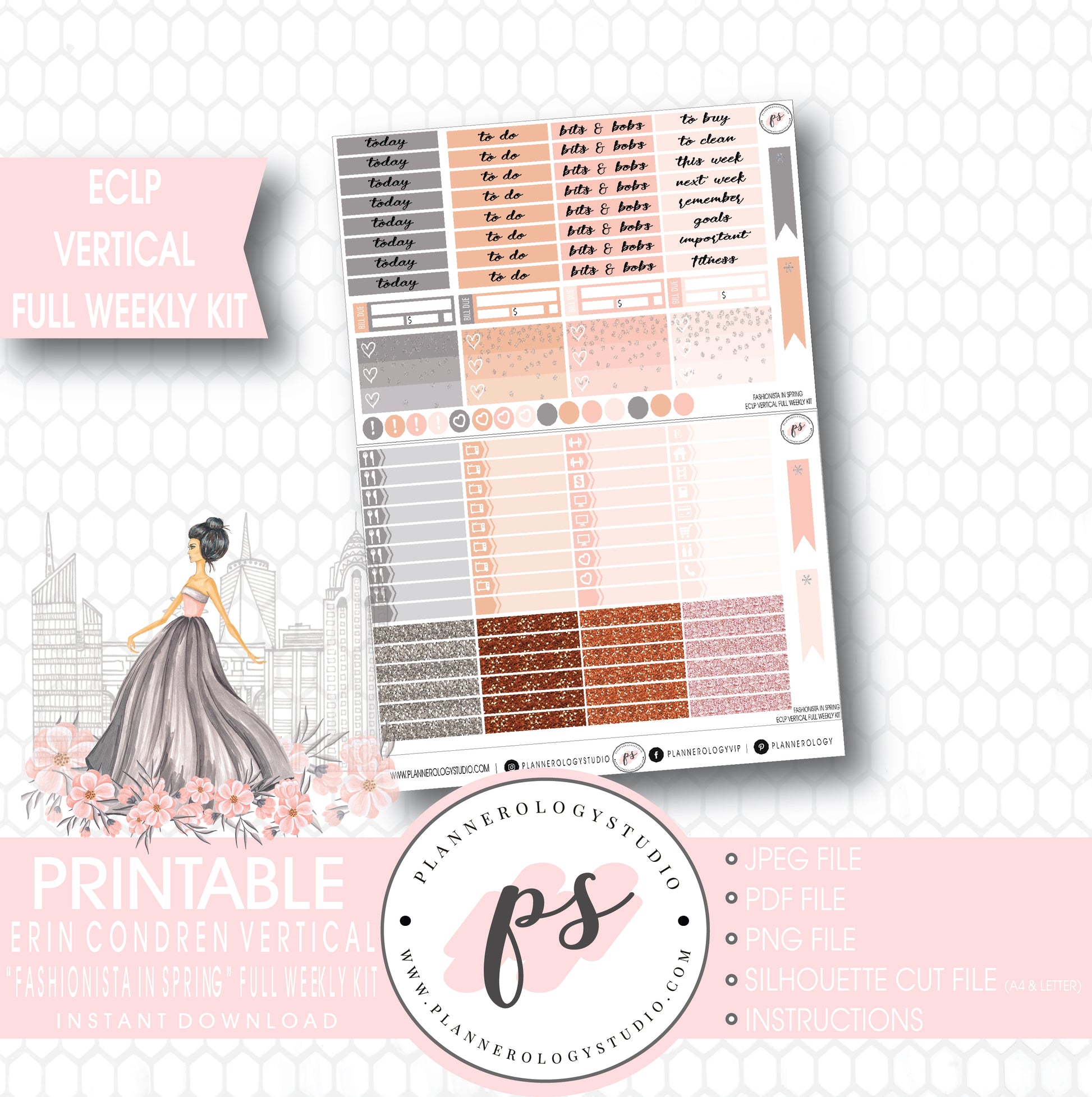 Fashionista in Spring Full Weekly Kit Printable Planner Stickers (for use with ECLP Vertical) - Plannerologystudio