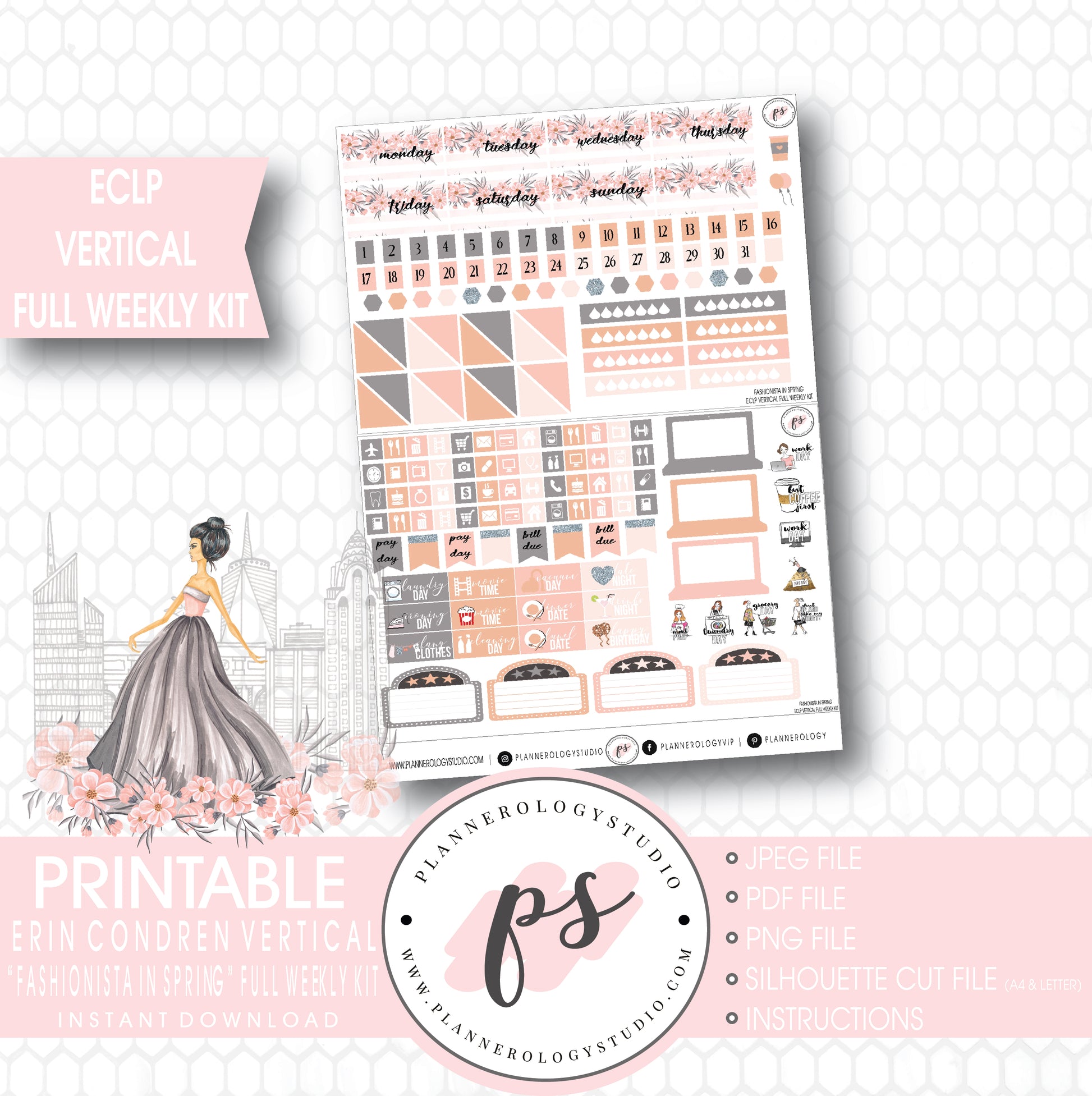 Fashionista in Spring Full Weekly Kit Printable Planner Stickers (for use with ECLP Vertical) - Plannerologystudio