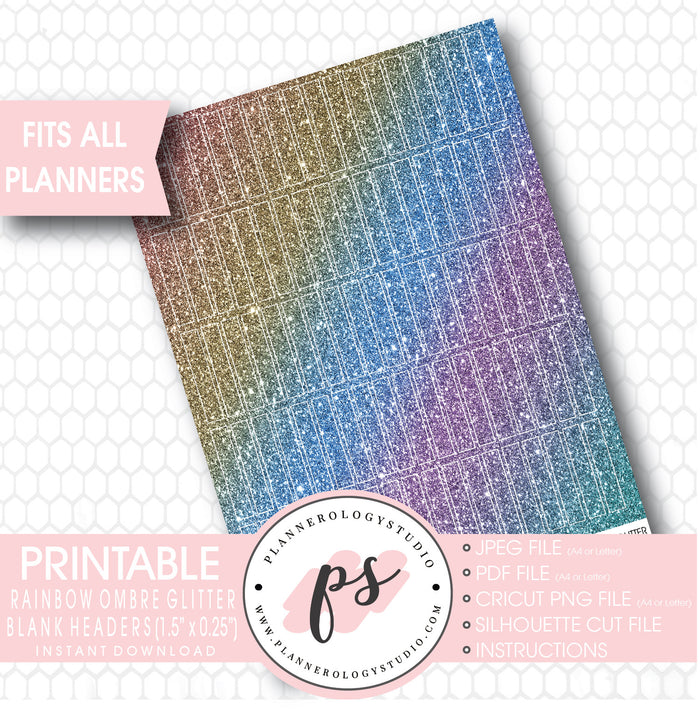 Rainbow Ombre Glitter Blank Header Printable Planner Stickers - Plannerologystudio
