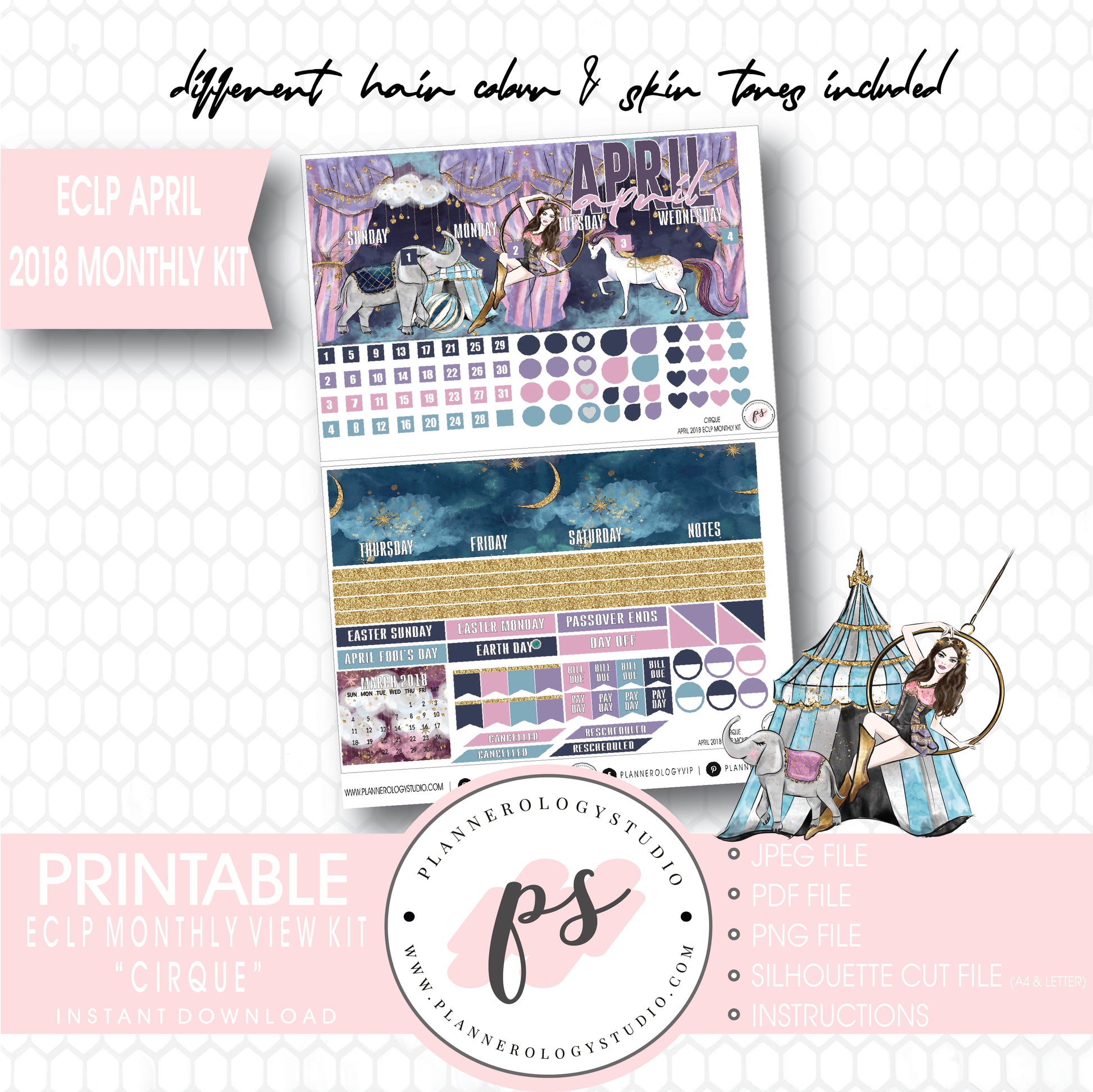 Cirque April 2018 Monthly View Kit Digital Printable Planner Stickers (for use with Erin Condren) - Plannerologystudio