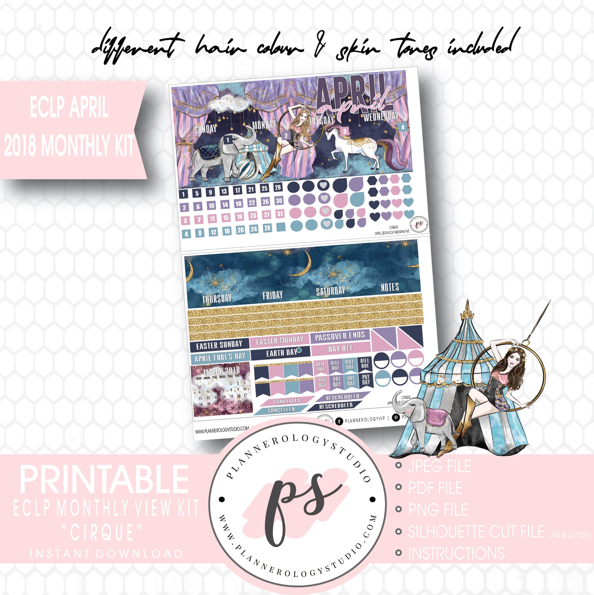 Cirque April 2018 Monthly View Kit Digital Printable Planner Stickers (for use with Erin Condren) - Plannerologystudio