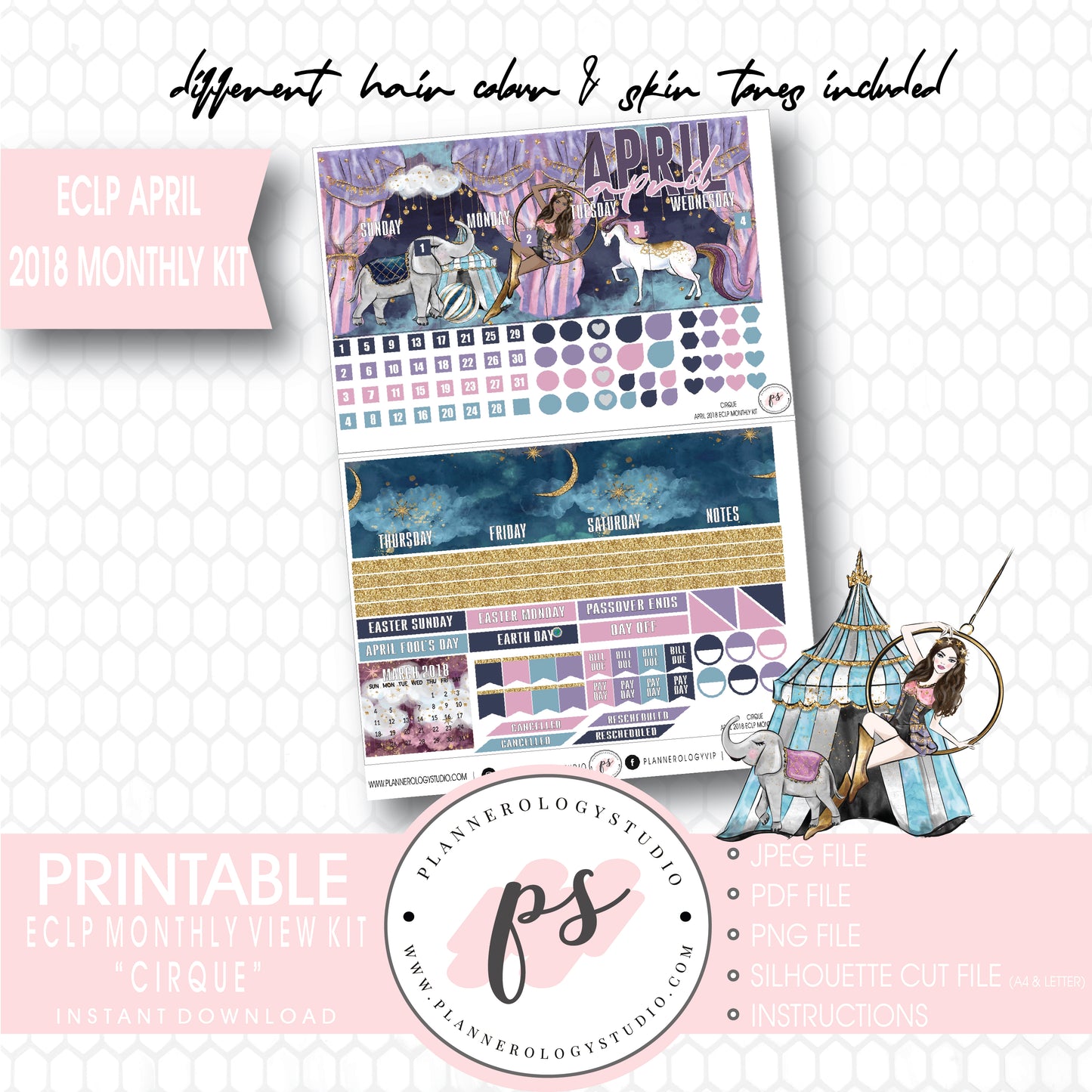 Cirque April 2018 Monthly View Kit Digital Printable Planner Stickers (for use with Erin Condren) - Plannerologystudio