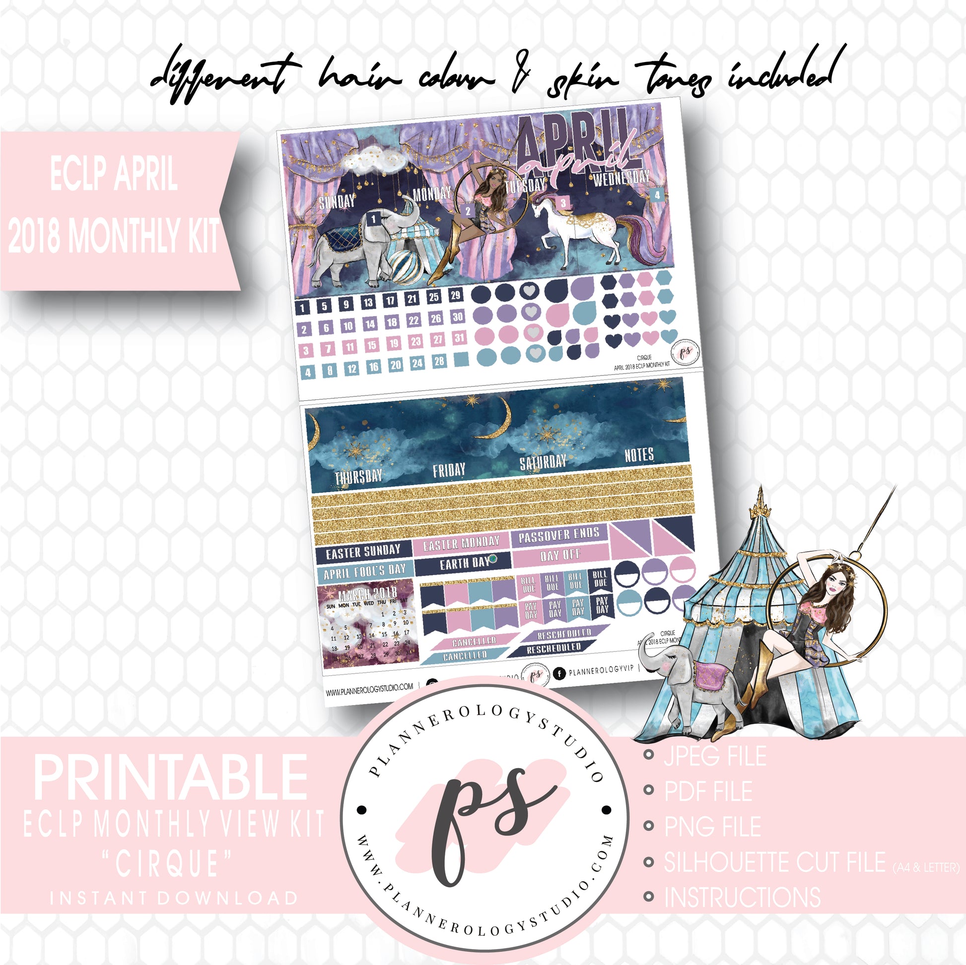 Cirque April 2018 Monthly View Kit Digital Printable Planner Stickers (for use with Erin Condren) - Plannerologystudio