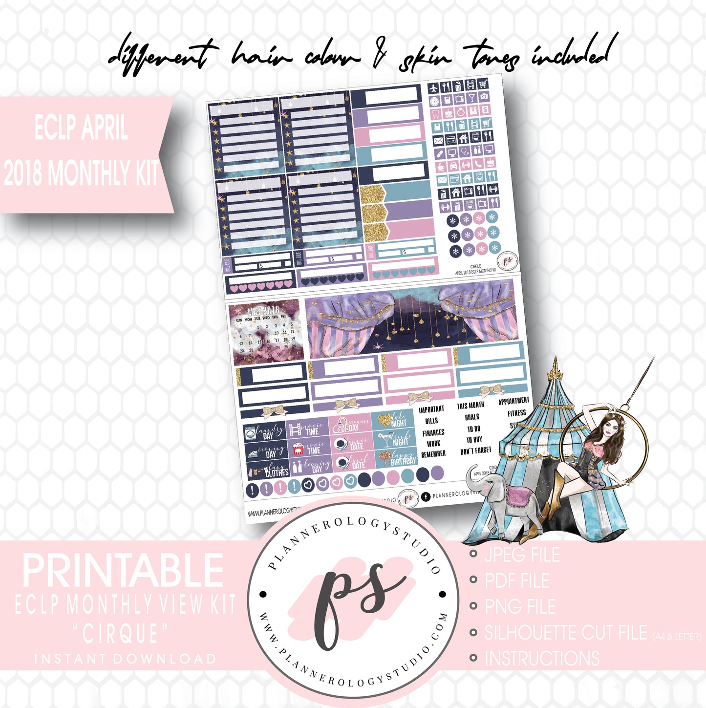 Cirque April 2018 Monthly View Kit Digital Printable Planner Stickers (for use with Erin Condren) - Plannerologystudio
