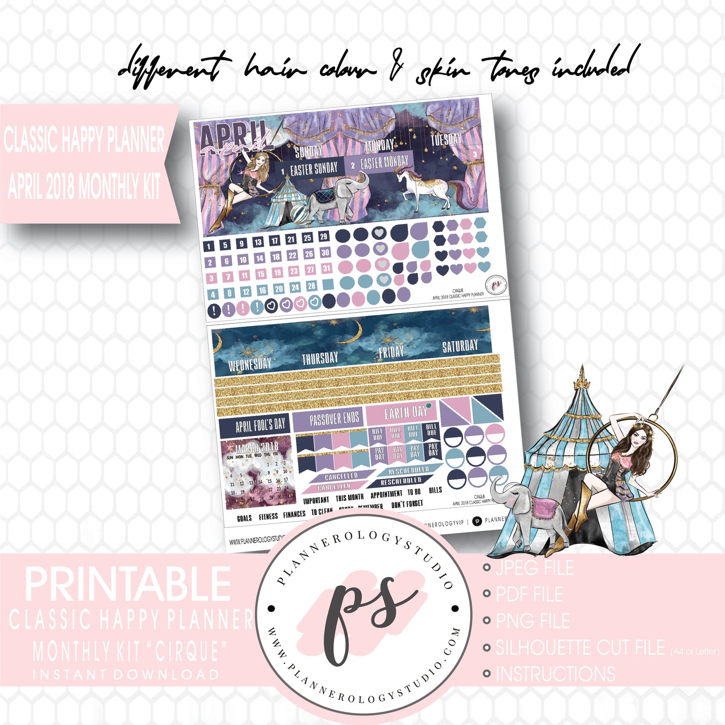 Cirque April 2018 Monthly View Kit Digital Printable Planner Stickers (for use with Classic Happy Planner) - Plannerologystudio