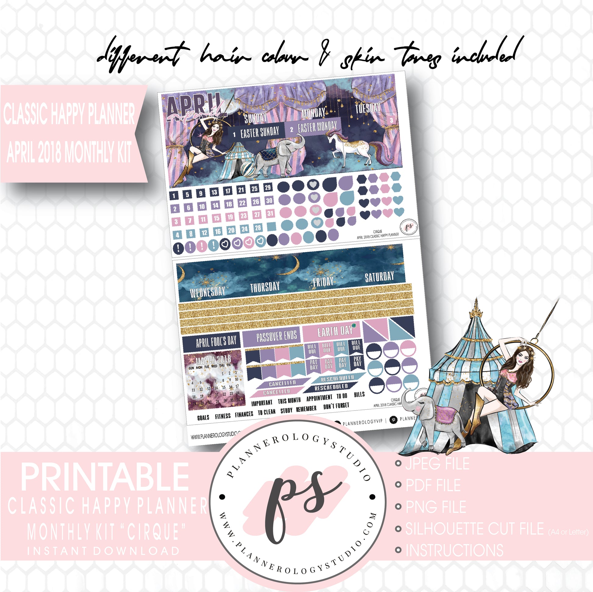Cirque April 2018 Monthly View Kit Digital Printable Planner Stickers (for use with Classic Happy Planner) - Plannerologystudio