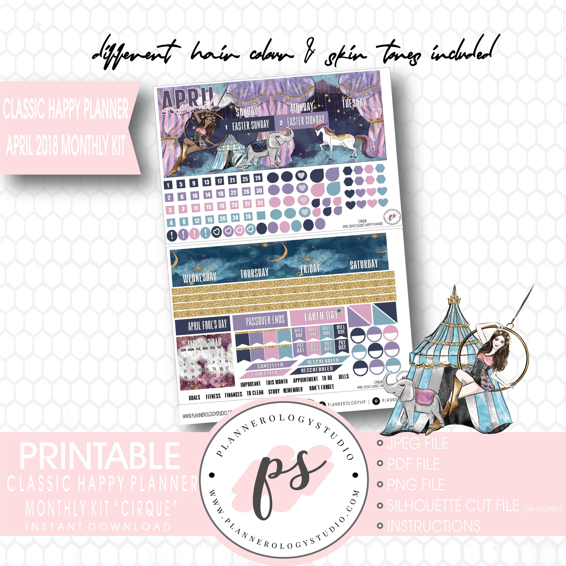 Cirque April 2018 Monthly View Kit Digital Printable Planner Stickers (for use with Classic Happy Planner) - Plannerologystudio