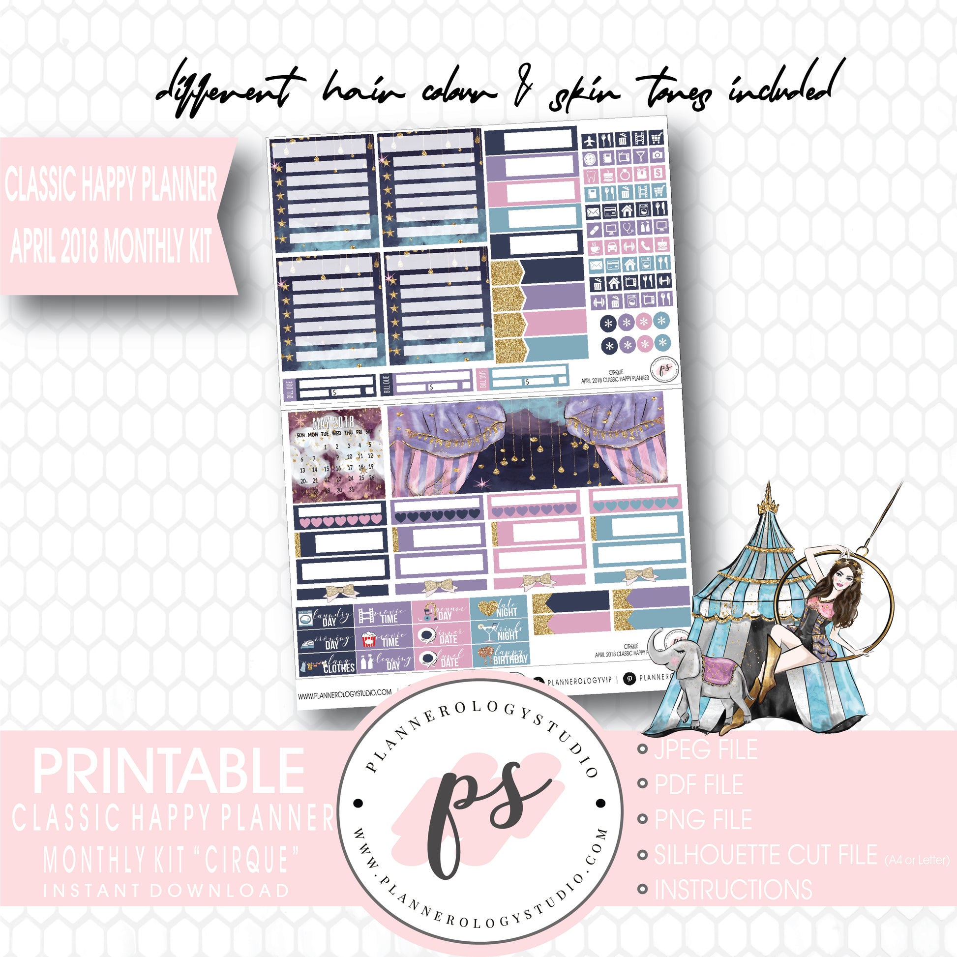 Cirque April 2018 Monthly View Kit Digital Printable Planner Stickers (for use with Classic Happy Planner) - Plannerologystudio