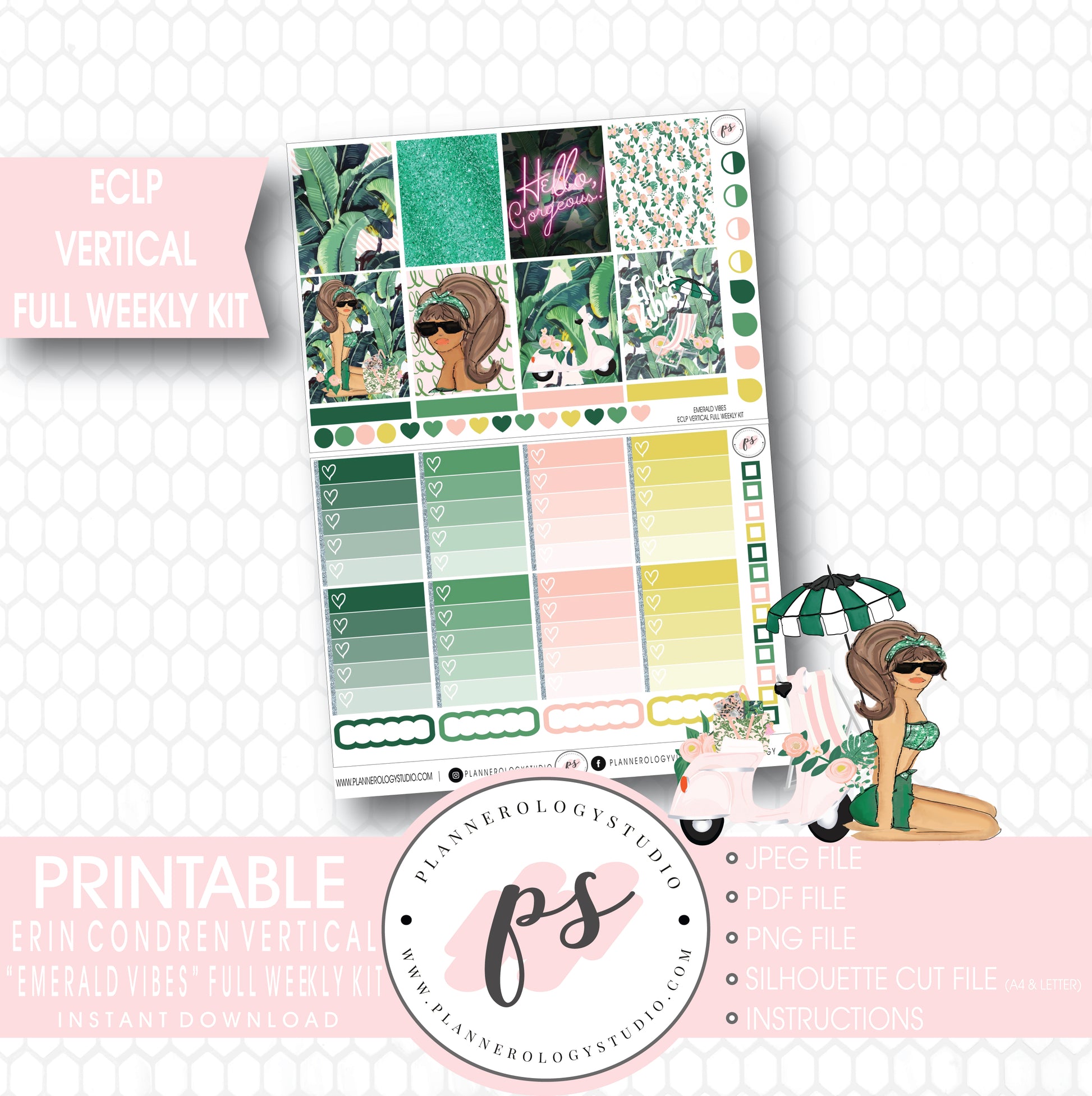 Emerald Vibes Full Weekly Kit Printable Planner Stickers (for use with Erin Condren ECLP Vertical) - Plannerologystudio