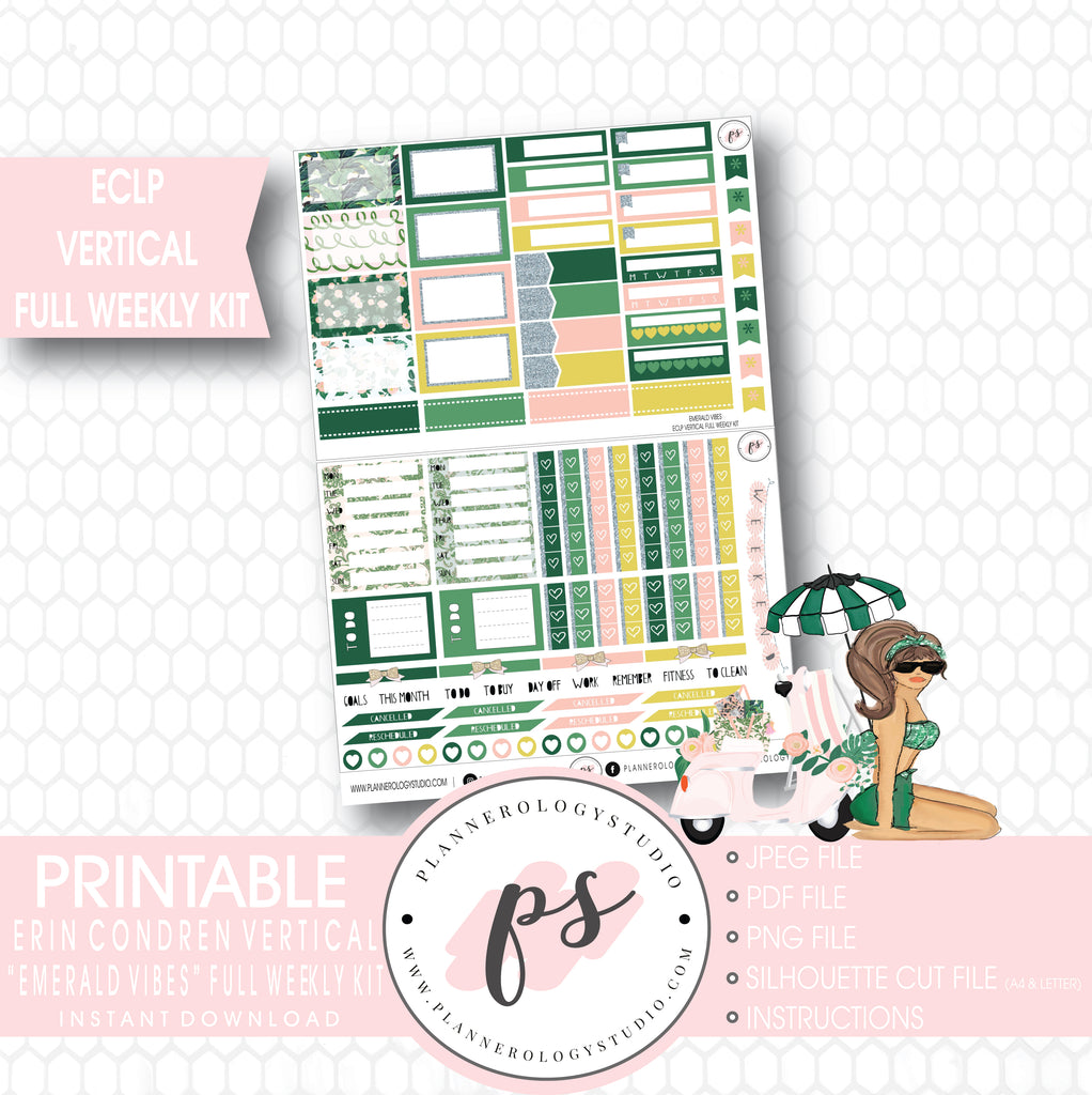 Emerald Vibes Full Weekly Kit Printable Planner Stickers (for use with Erin Condren ECLP Vertical) - Plannerologystudio