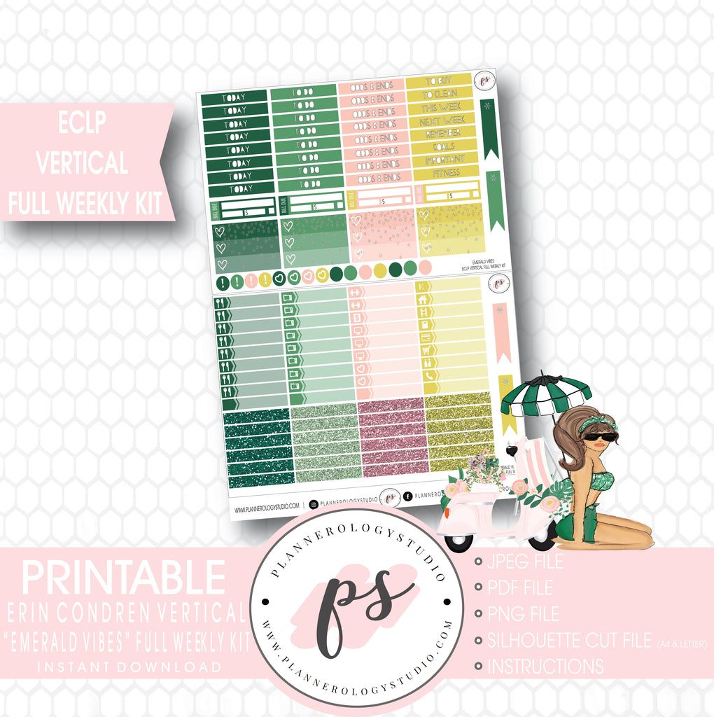 Emerald Vibes Full Weekly Kit Printable Planner Stickers (for use with Erin Condren ECLP Vertical) - Plannerologystudio