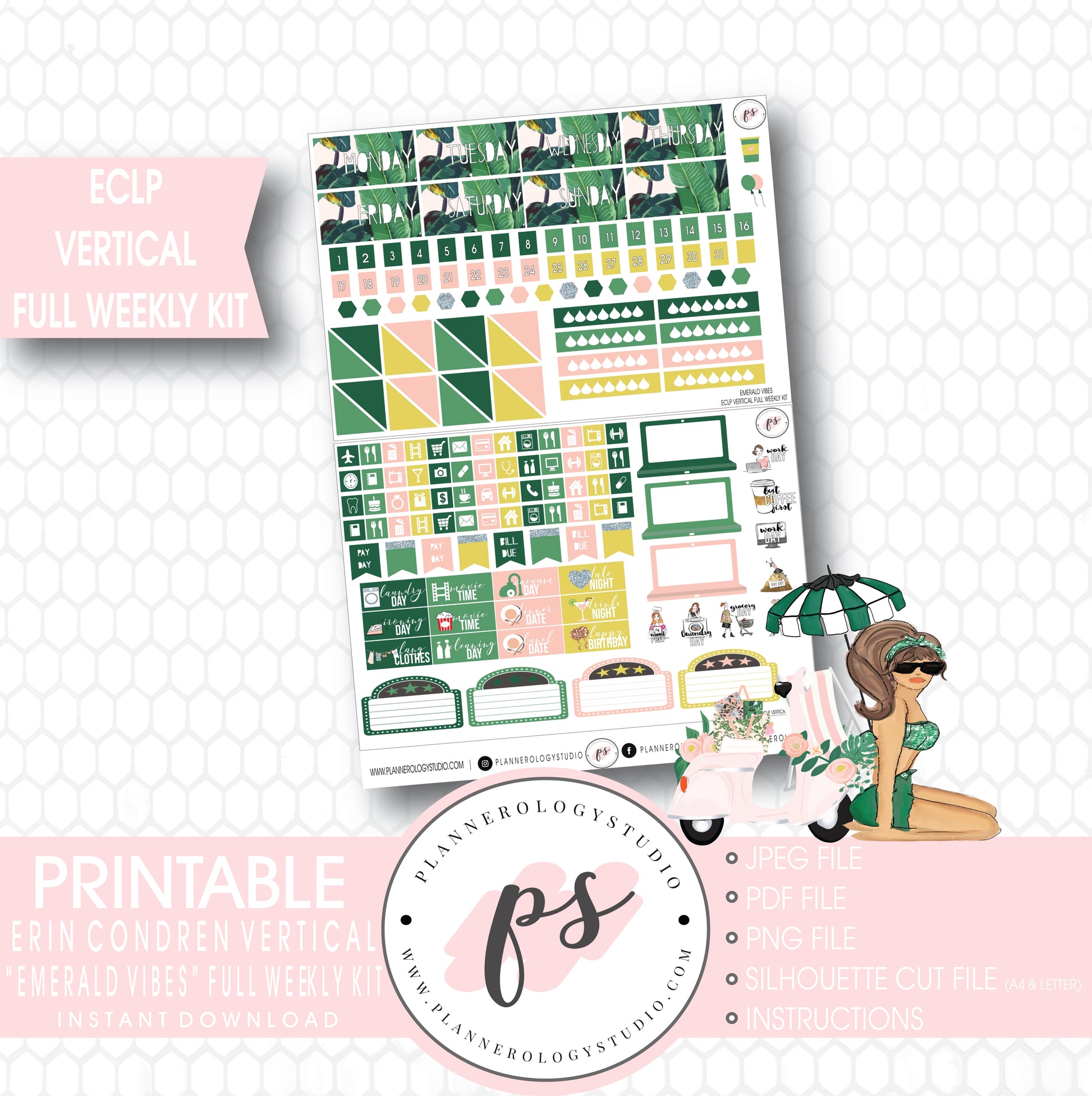 Emerald Vibes Full Weekly Kit Printable Planner Stickers (for use with Erin Condren ECLP Vertical) - Plannerologystudio