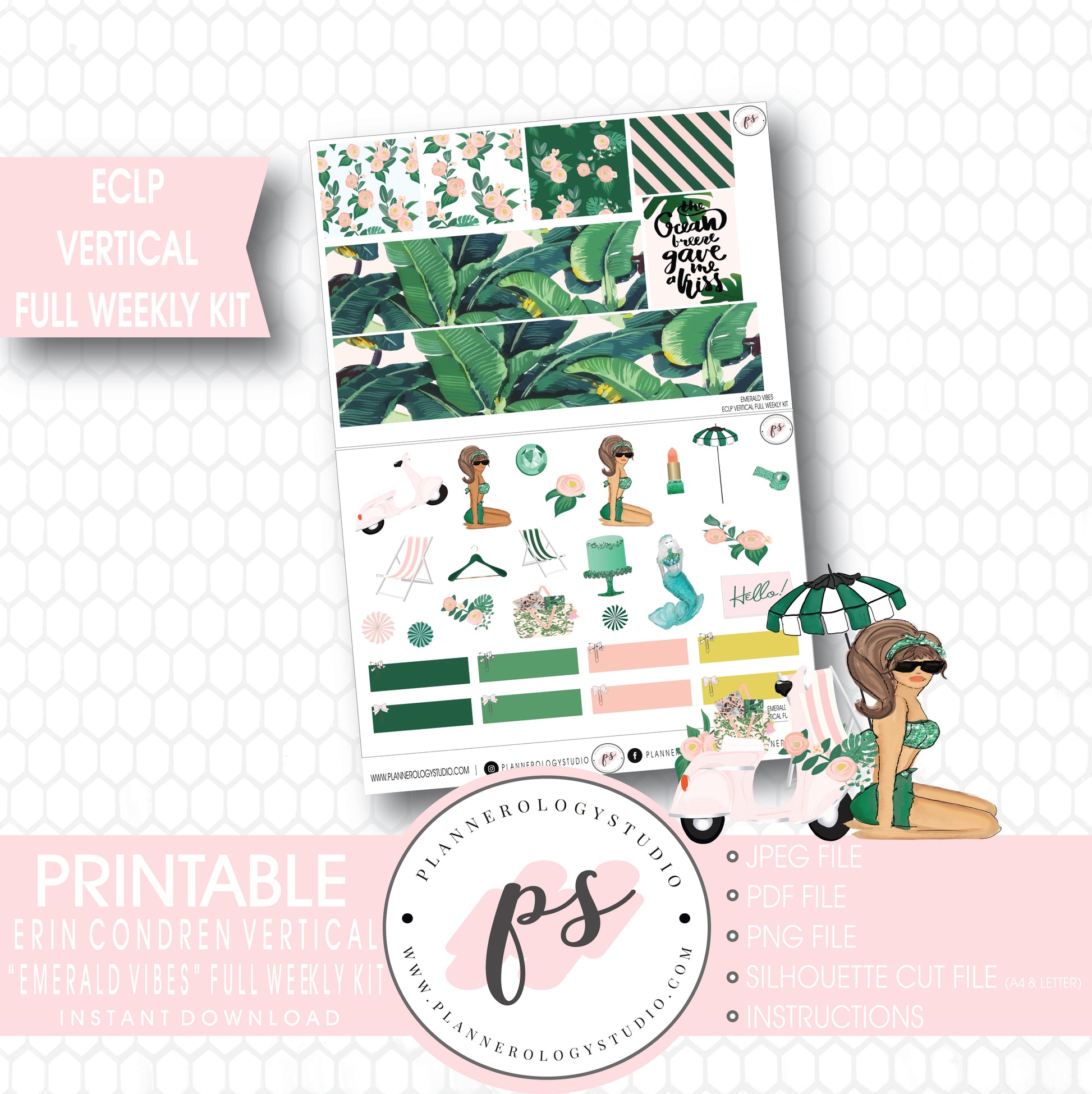 Emerald Vibes Full Weekly Kit Printable Planner Stickers (for use with Erin Condren ECLP Vertical) - Plannerologystudio