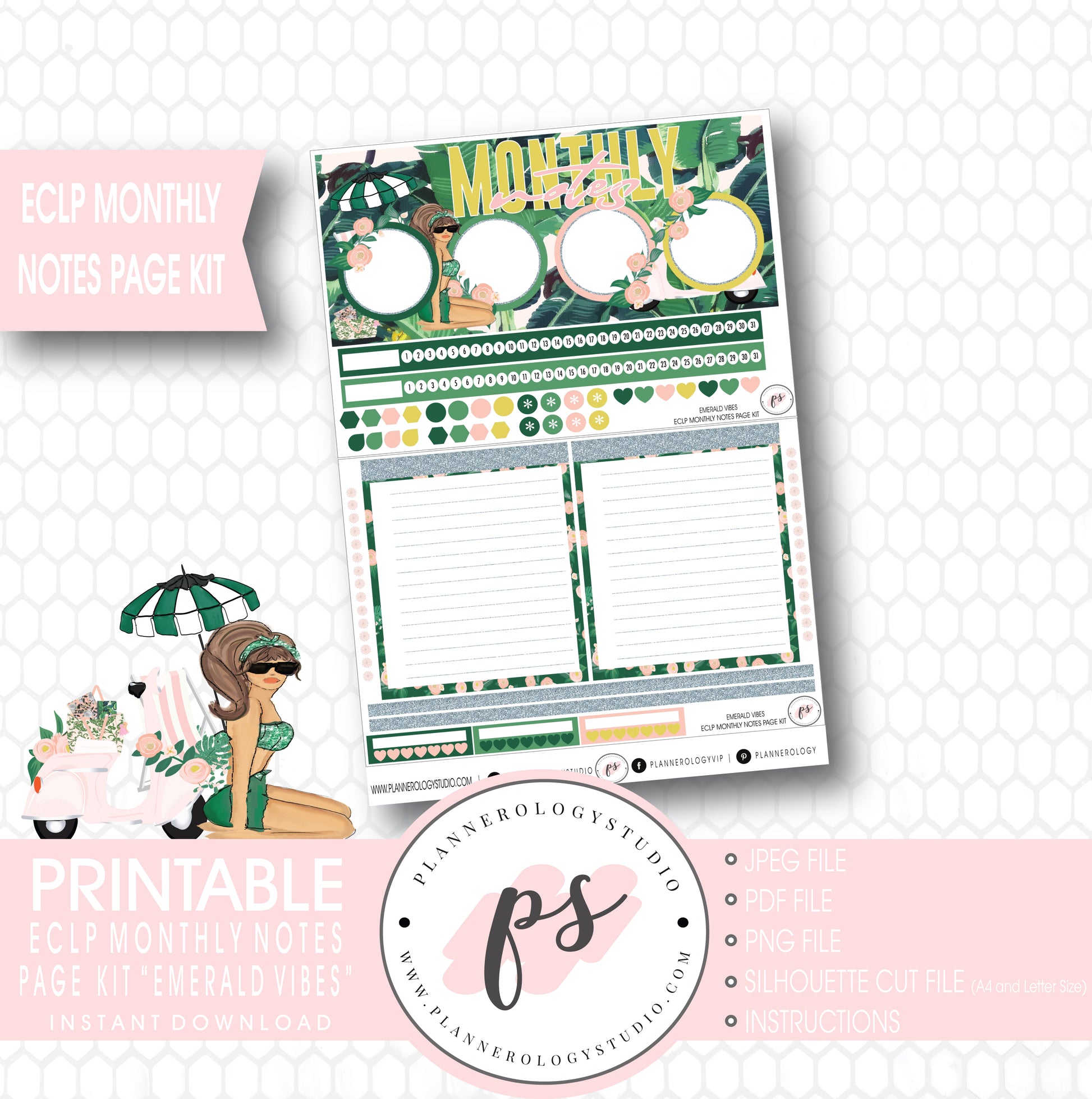 Emerald Vibes Monthly Notes Page Kit Digital Printable Planner Stickers (for use with ECLP) - Plannerologystudio