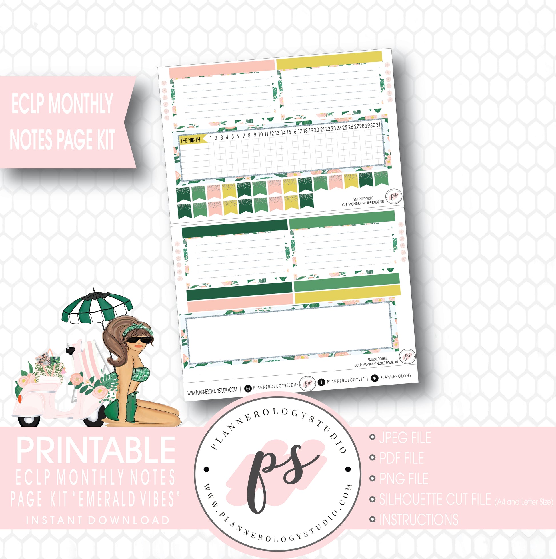 Emerald Vibes Monthly Notes Page Kit Digital Printable Planner Stickers (for use with ECLP) - Plannerologystudio