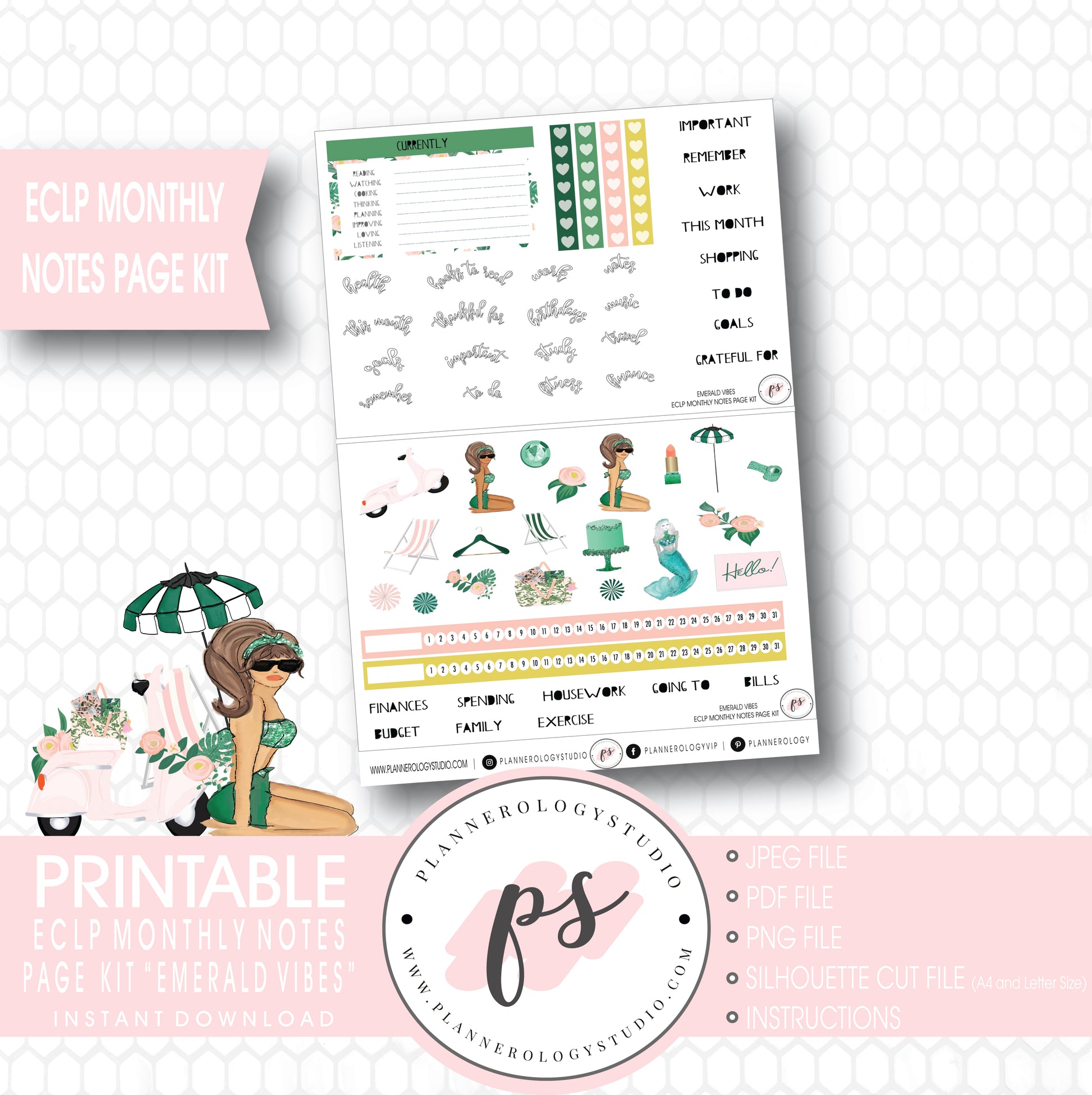 Emerald Vibes Monthly Notes Page Kit Digital Printable Planner Stickers (for use with ECLP) - Plannerologystudio