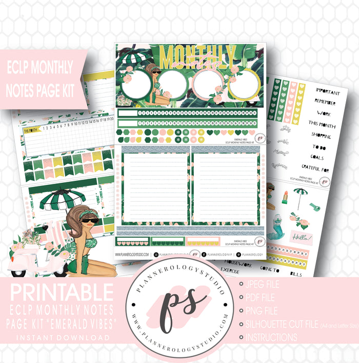 Emerald Vibes Monthly Notes Page Kit Digital Printable Planner Stickers (for use with ECLP) - Plannerologystudio