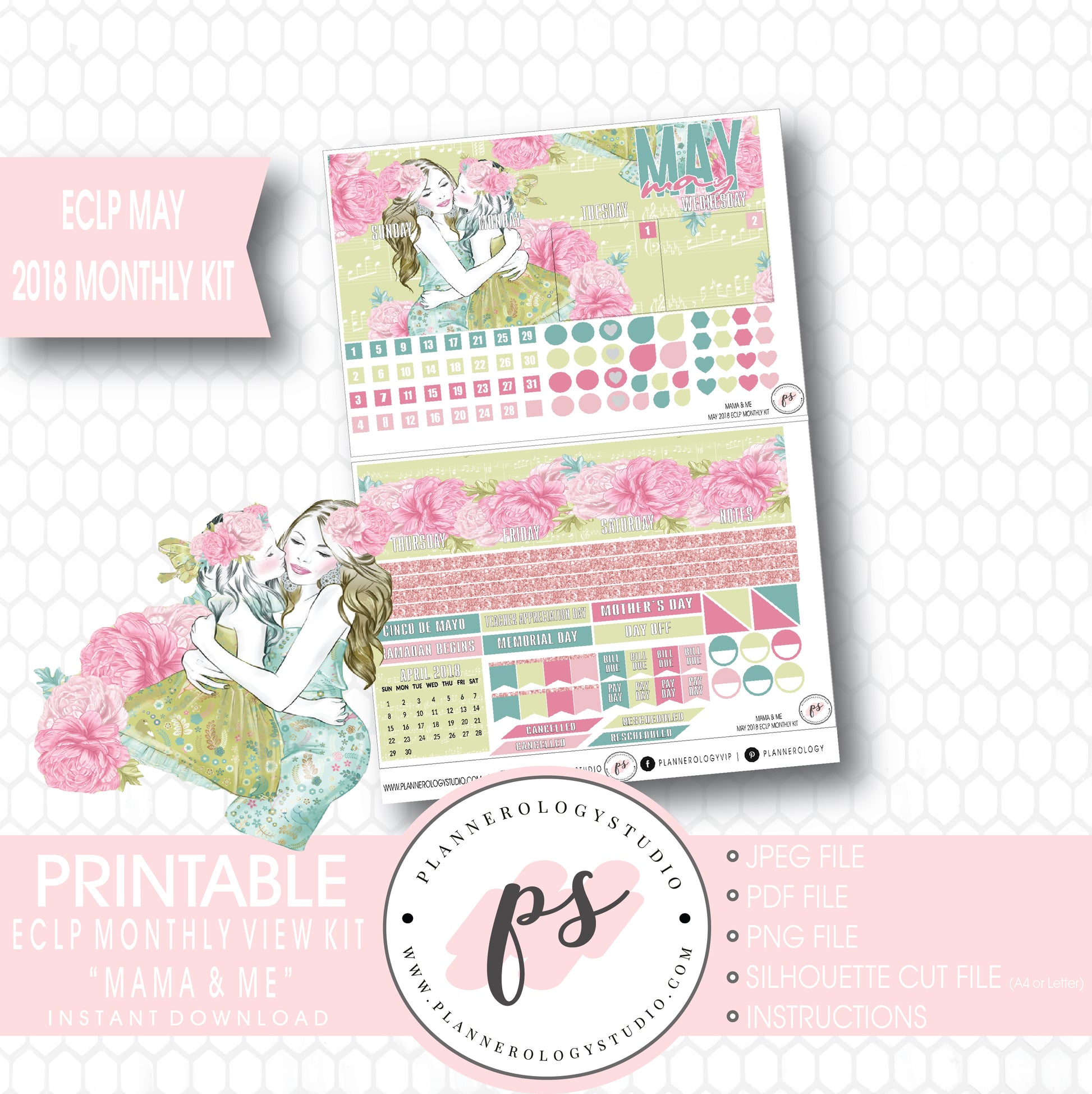 Mama & Me (Mother's Day) May 2018 Monthly View Kit Digital Printable Planner Stickers (for use with Erin Condren) - Plannerologystudio
