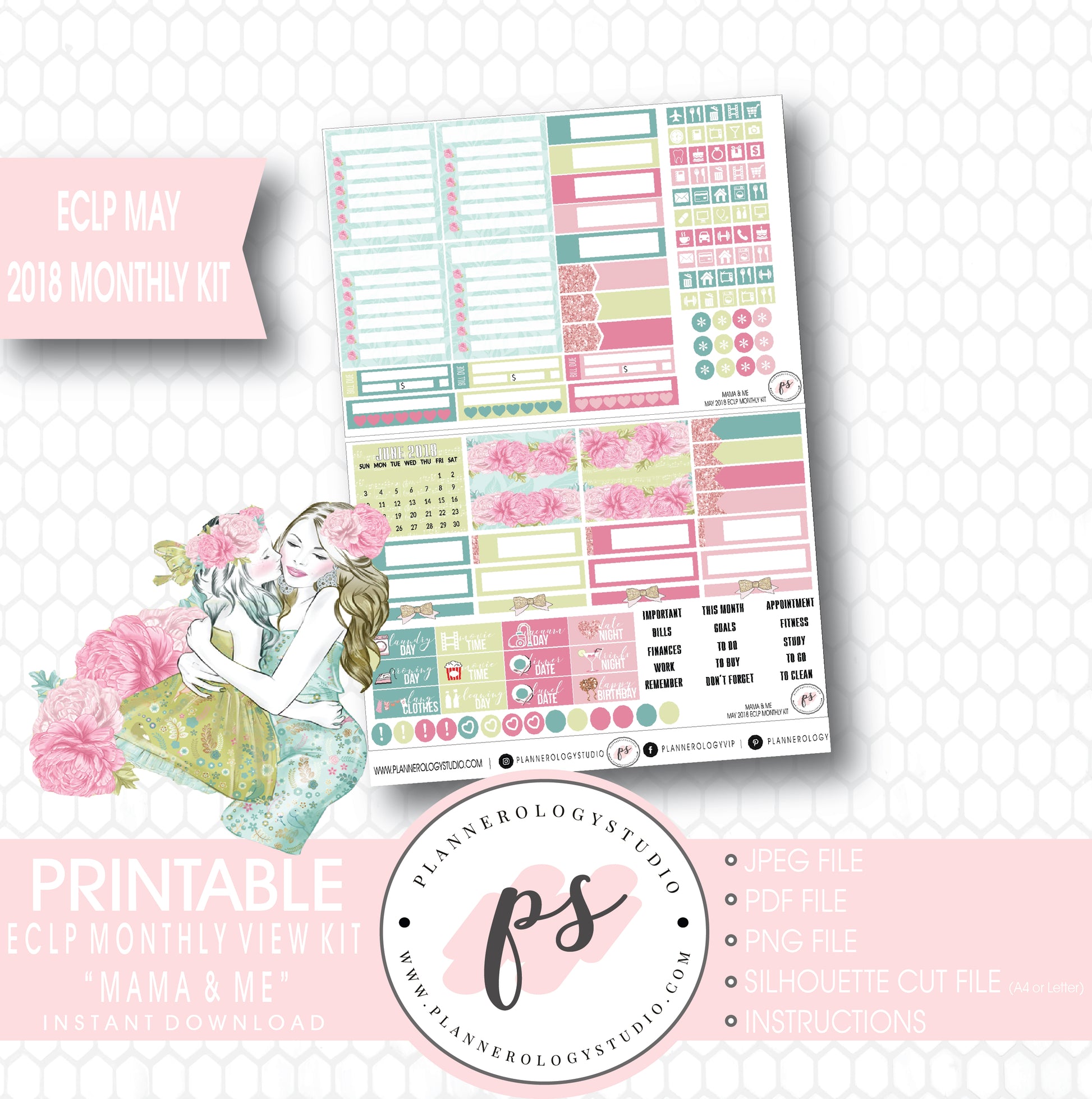 Mama & Me (Mother's Day) May 2018 Monthly View Kit Digital Printable Planner Stickers (for use with Erin Condren) - Plannerologystudio