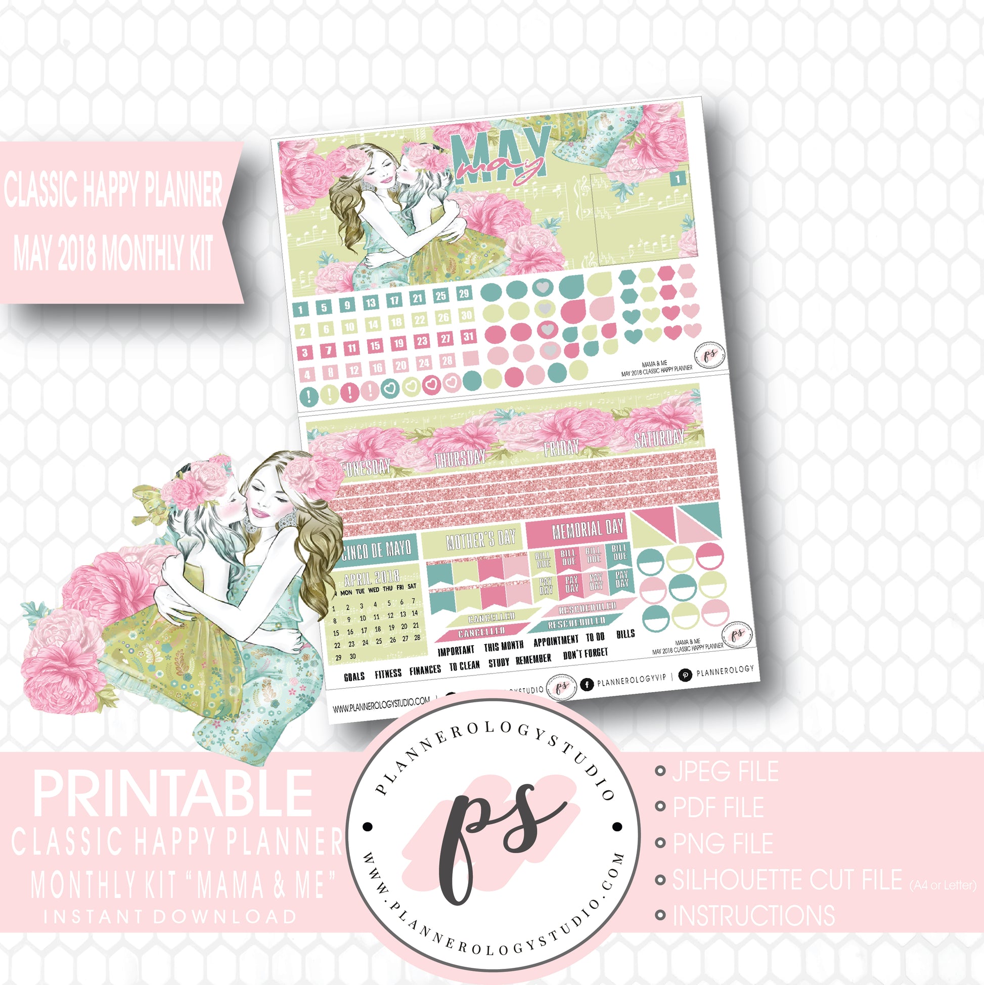 Mama & Me (Mother's Day) May 2018 Monthly View Kit Digital Printable Planner Stickers (for use with Classic Happy Planner) - Plannerologystudio